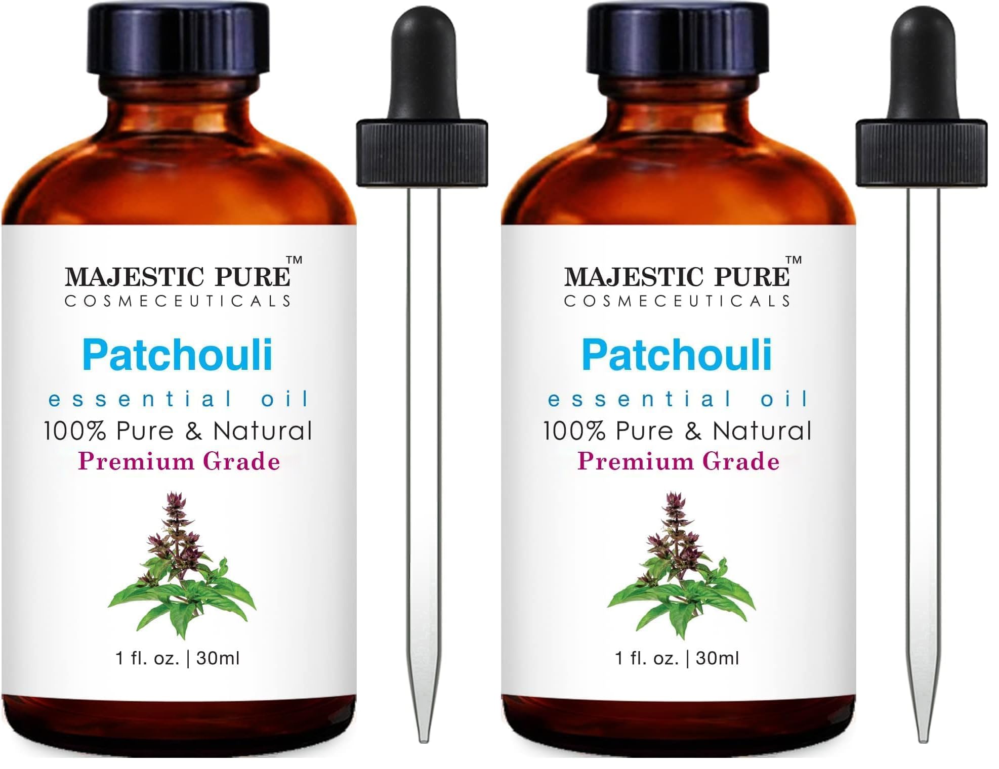 Majestic Pure Essential Oil with Glass Dropper - 100% Pure and Natural - Essential Oils for Diffuser, Aromatherapy, Soap and Candle Making, Patchouli Essential Oil, Patchouli Oil, 1 Fl Oz (Pack of 2)
