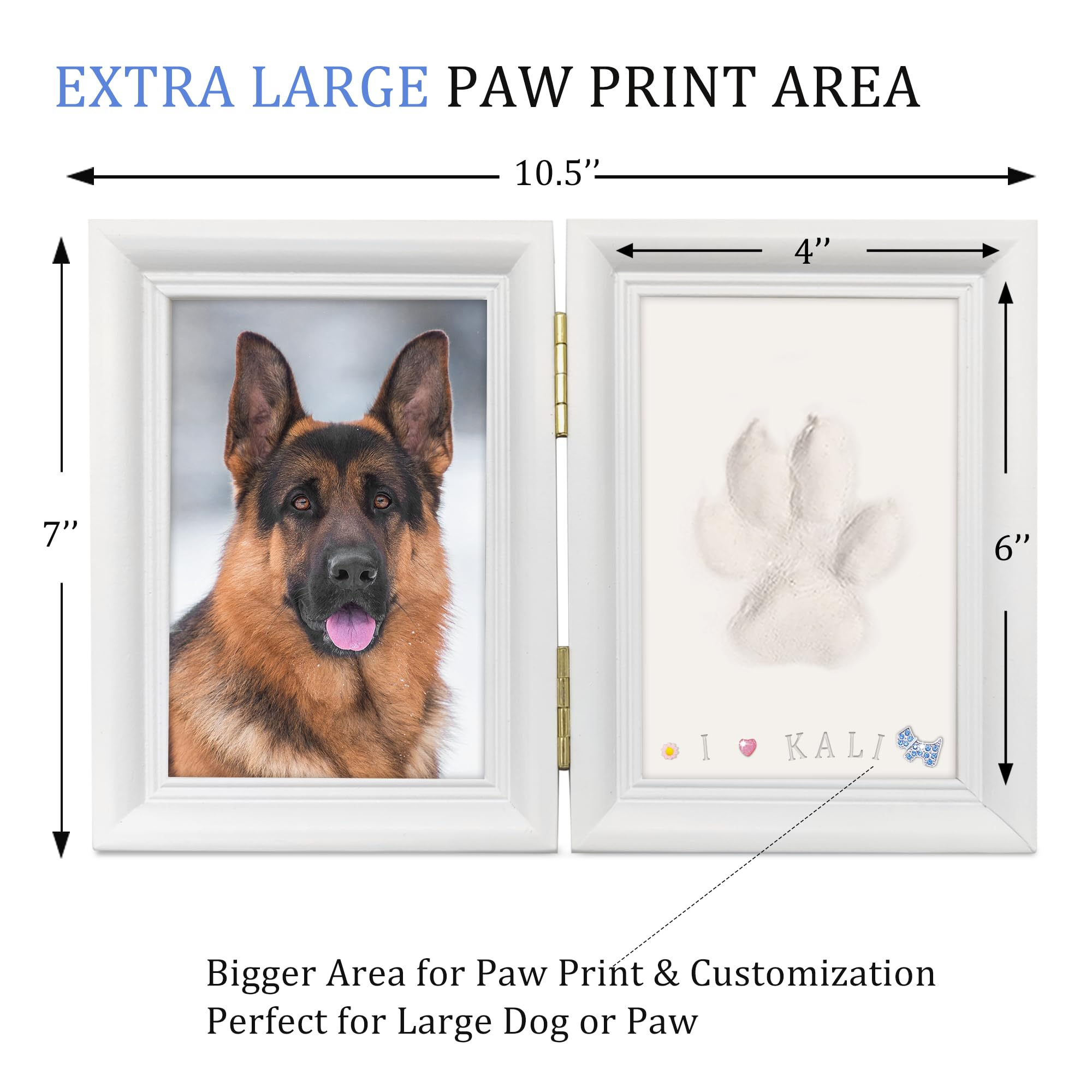 MYPAWLETS Kit de impresión de huellas de perro o gato con baratijas, kit de impresión de huellas de mascotas con 2 arcillas, marco de fotos de madera para perro, tamaño grande, color blanco