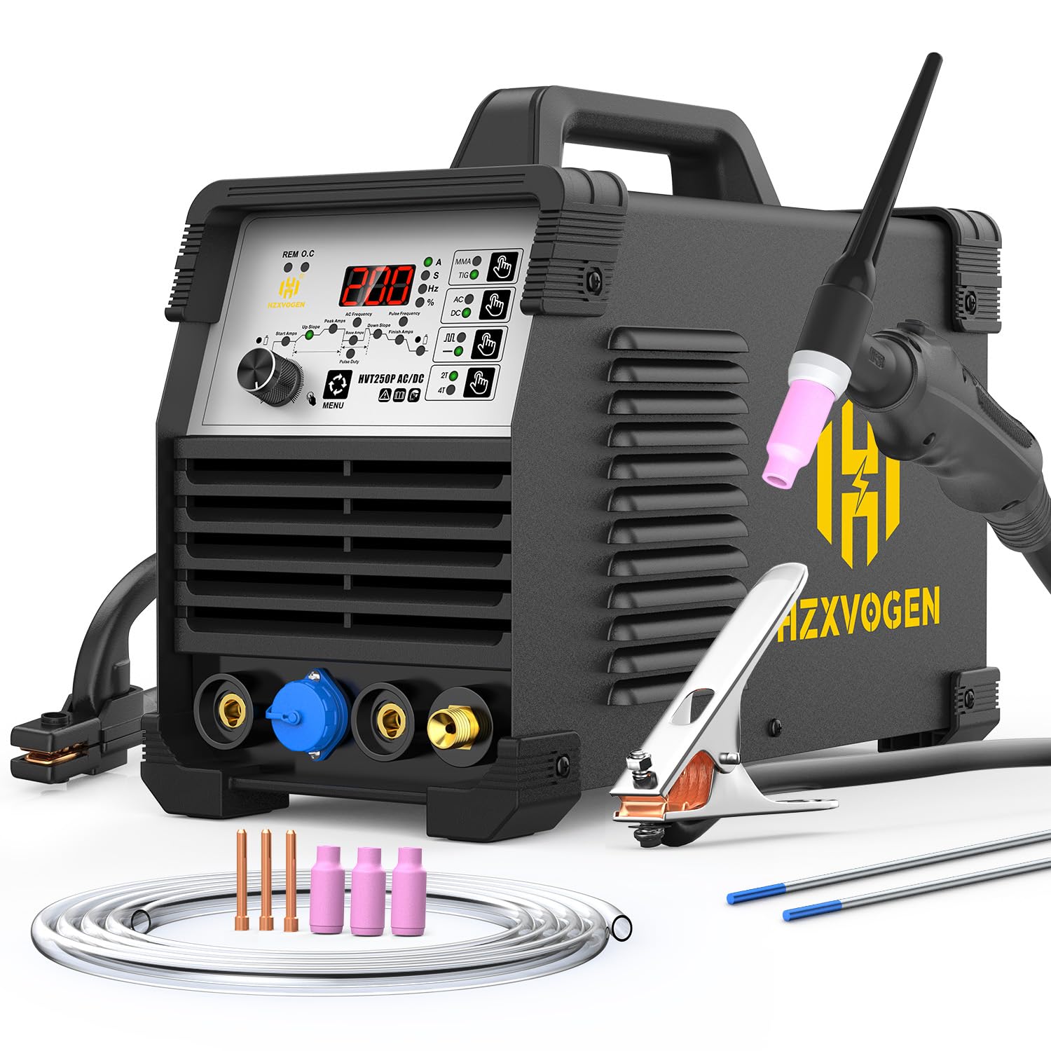 H HZXVOGEN Soldador TIG AC/DC 200A HF Pulsado Aluminio | TIG AC/DC, Arranque HF, Pulsado, MMA, Punto (Spot), 200A, Aluminio, 6 en 1