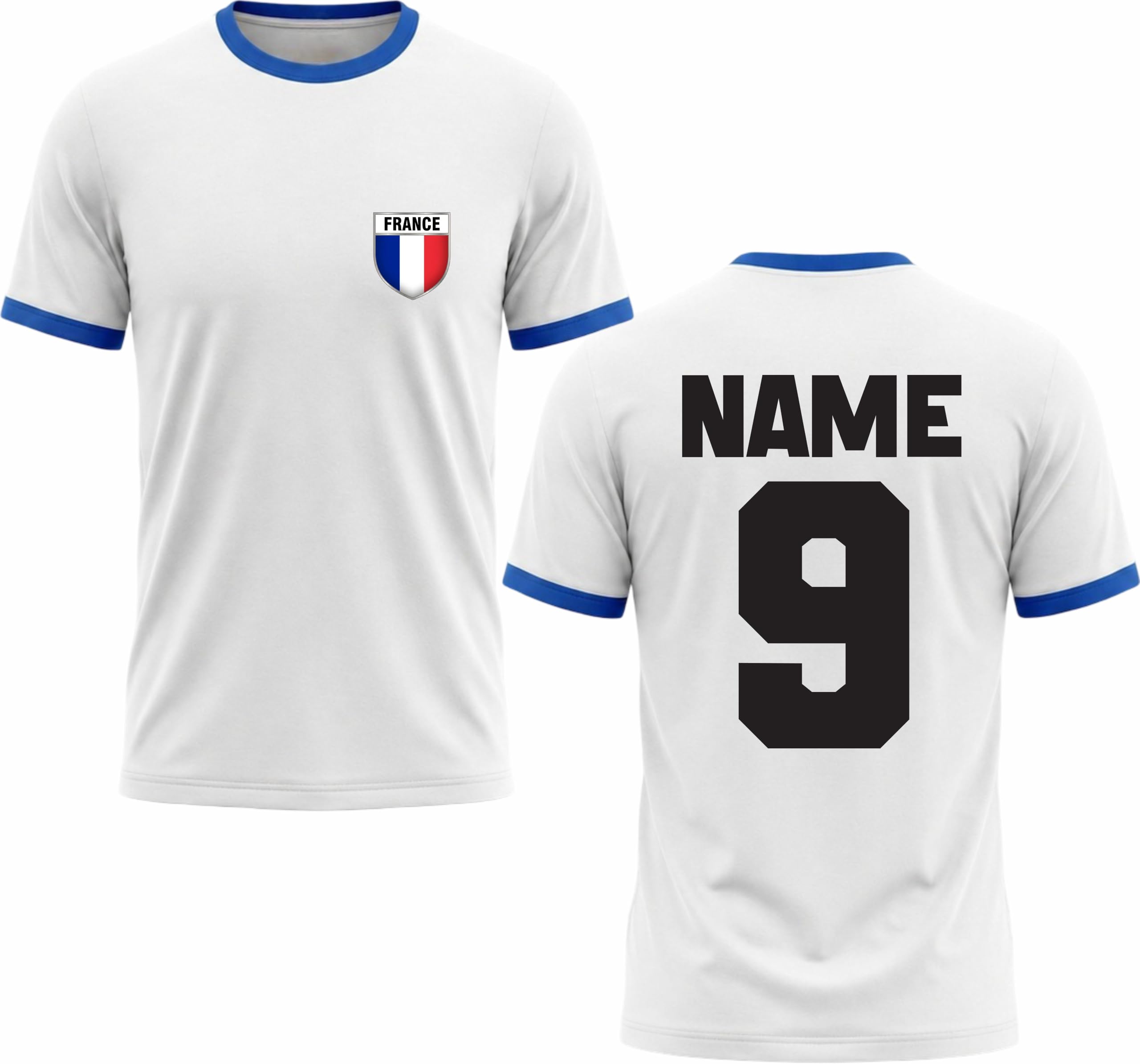 Personalised France Football Ringer T-Shirt Custom Name and Number Tee France Football Jersey Top White/Royal
