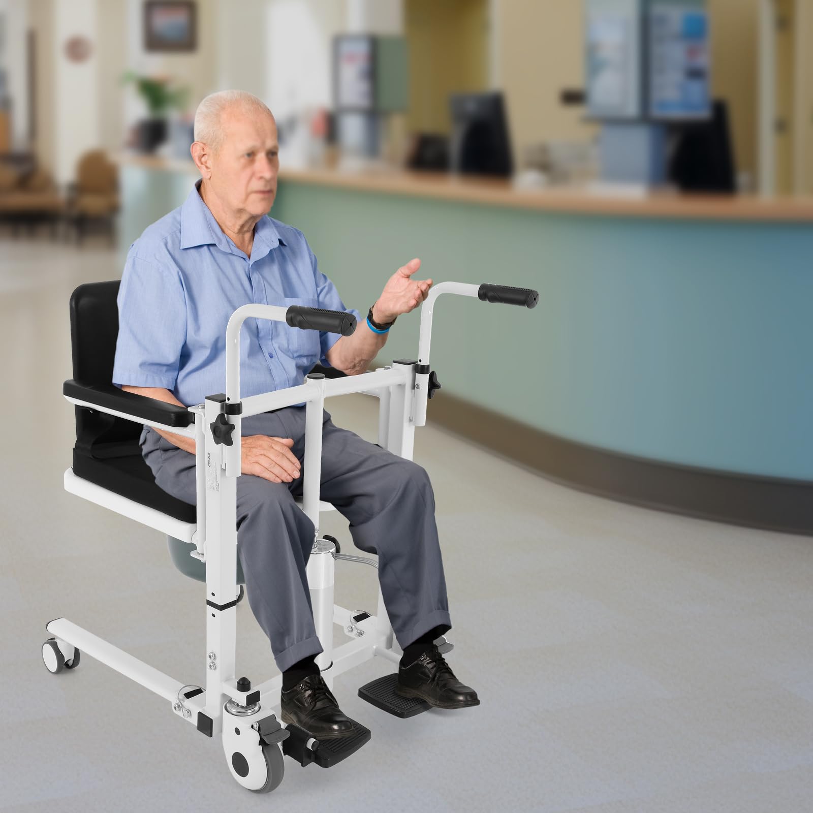 Silla elevadora de transferencia hidráulica para pacientes 4 en 1 silla de ducha de baño silla de ruedas de transporte para personas mayores y discapacitados con asiento dividido de 180° Altura de