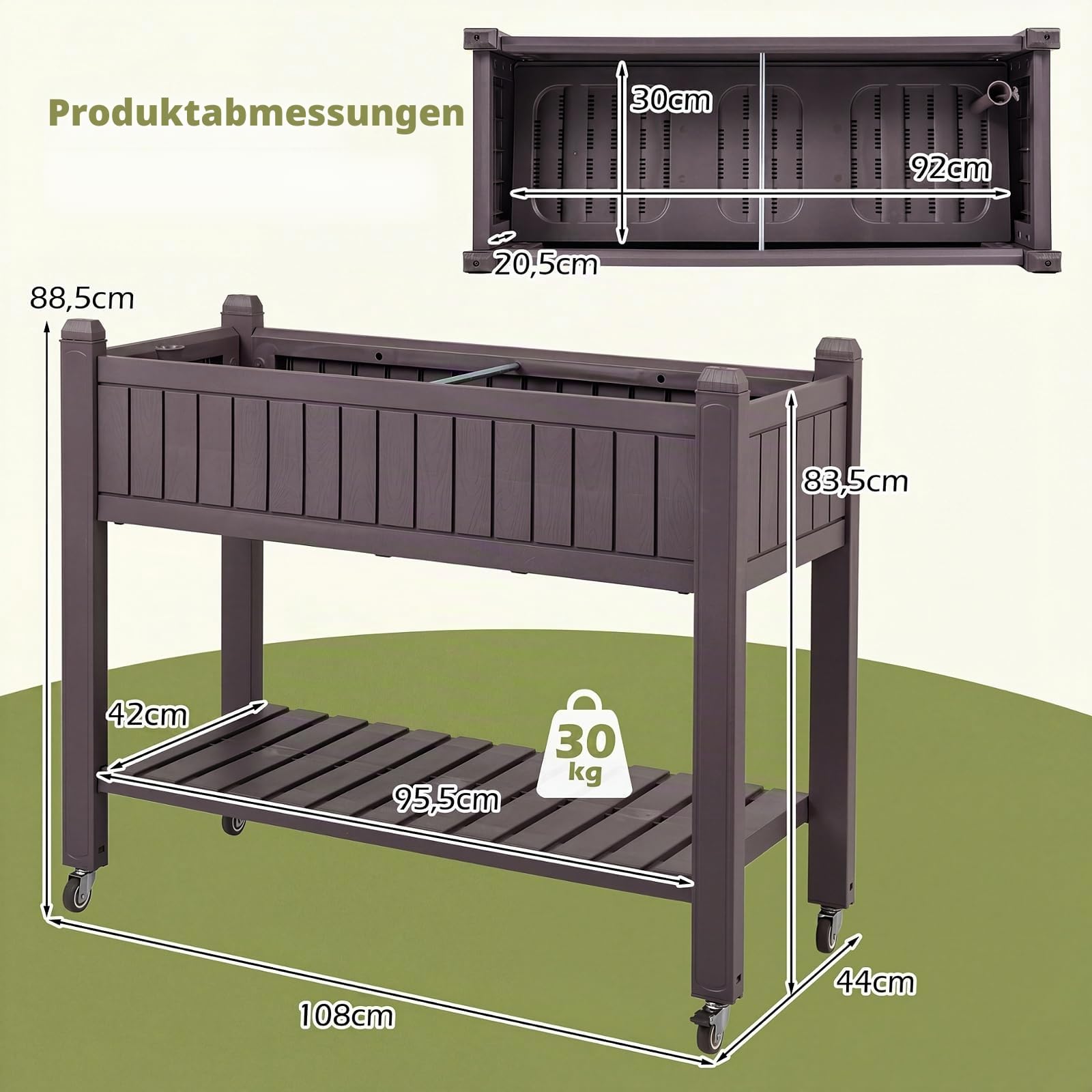 GOPLUS Hochbeet mit Rollen & Ablageregal, erhöhtes Gartenbeet mit Ablauflöchern, wasserfester Pflanzkasten aus Kunststoff & Metall, Kräuterbeet für Garten, Balkon & Terrasse, 108 x 44 x 88,5 cm