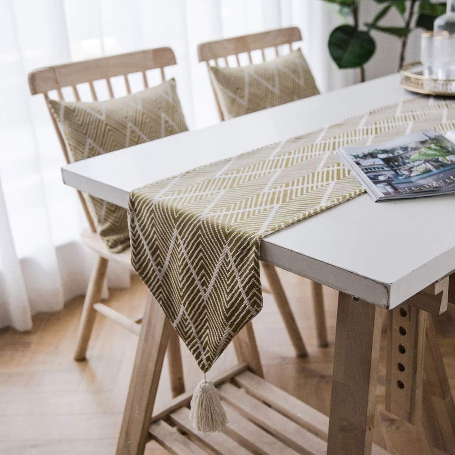 Table Runner Small Rectangle Table,30x200CM,Wave Pattern with Tassel Table Runners Modern Polyester,Autumn Table Runner Yellow