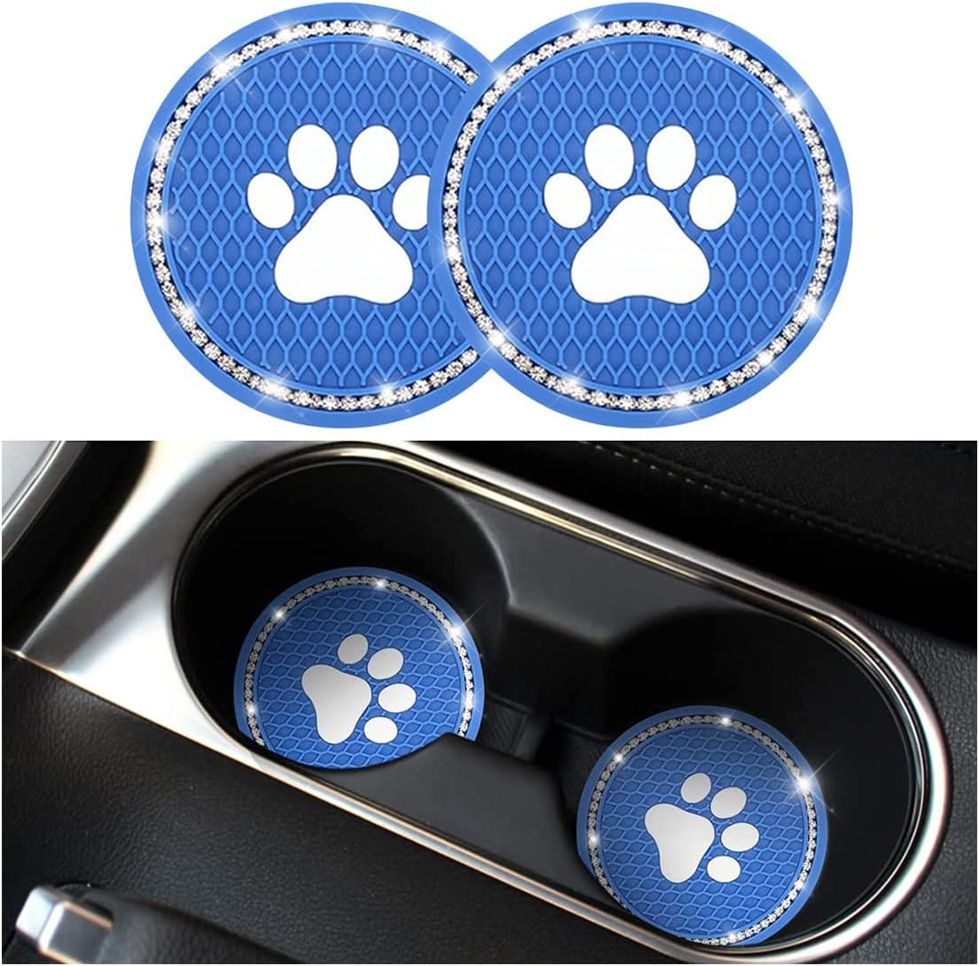 2PCS Universal Bling Car Cup Coaster, Rhinestone Car Accessories, 2.75 inch Dog Paw Car Cup Holder Insert Mat Pad Set,Suitable for Most Car Interior (Dark Blue)