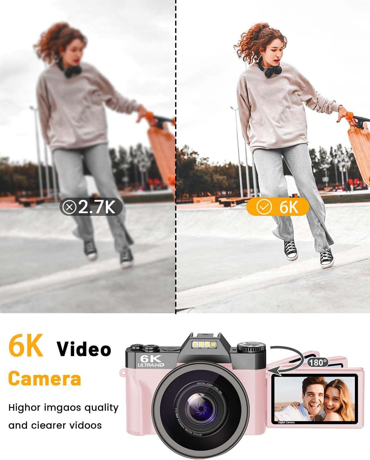VJIANGER 2025 Upgrade 6K Digital Camera for Photography 64MP Vlogging Camera for YouTube with WiFi, 180°Flip Screen, 16X Digital Zoom, 52mm Lens, 32GB Micro SD Card, 2 Batteries(Pink) - Image 3