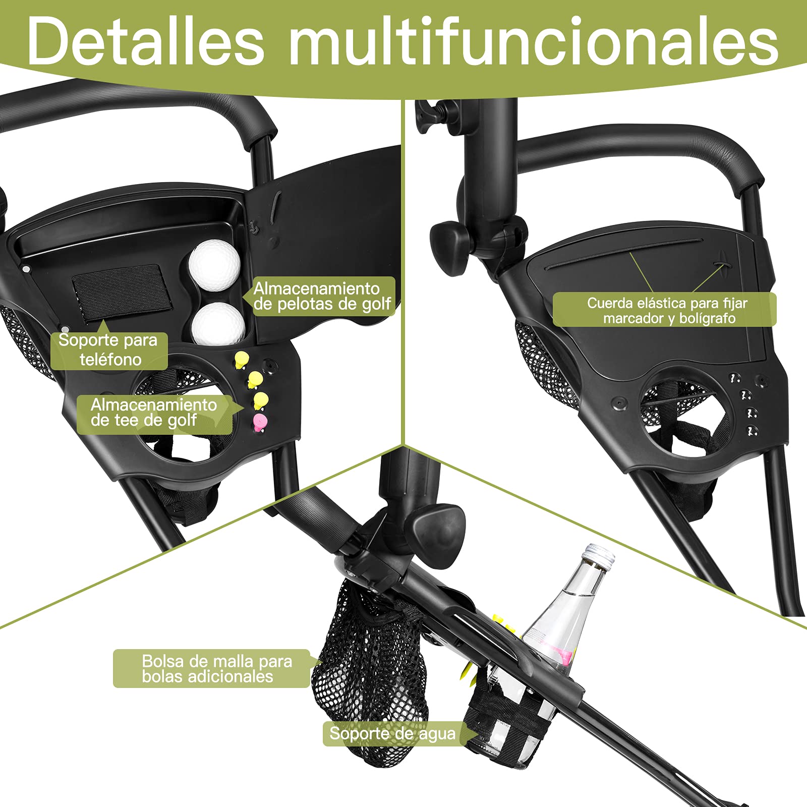 GYMAX Carro de Golf Plegable, 3 Ruedas, Red de Malla, Soporte Paraguas, Hierro, Negro