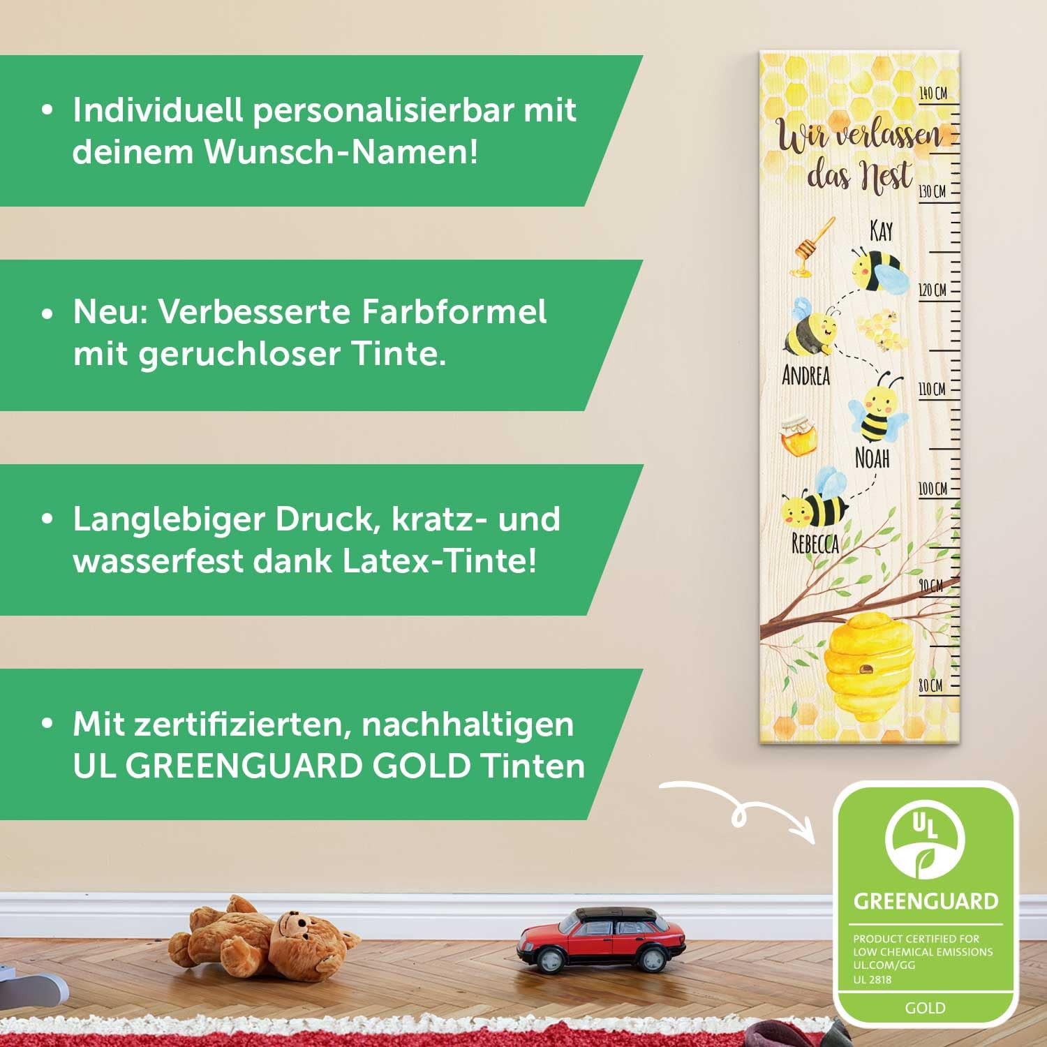 GRAVURZEILE Messlatte als Abschiedsgeschenk Erzieherin & Tagesmutter mit Namen der Kinder aus Holz - Skala misst 80-140 cm - Größe 20 x 70 x 2 cm Farbe Messlatte Bienen