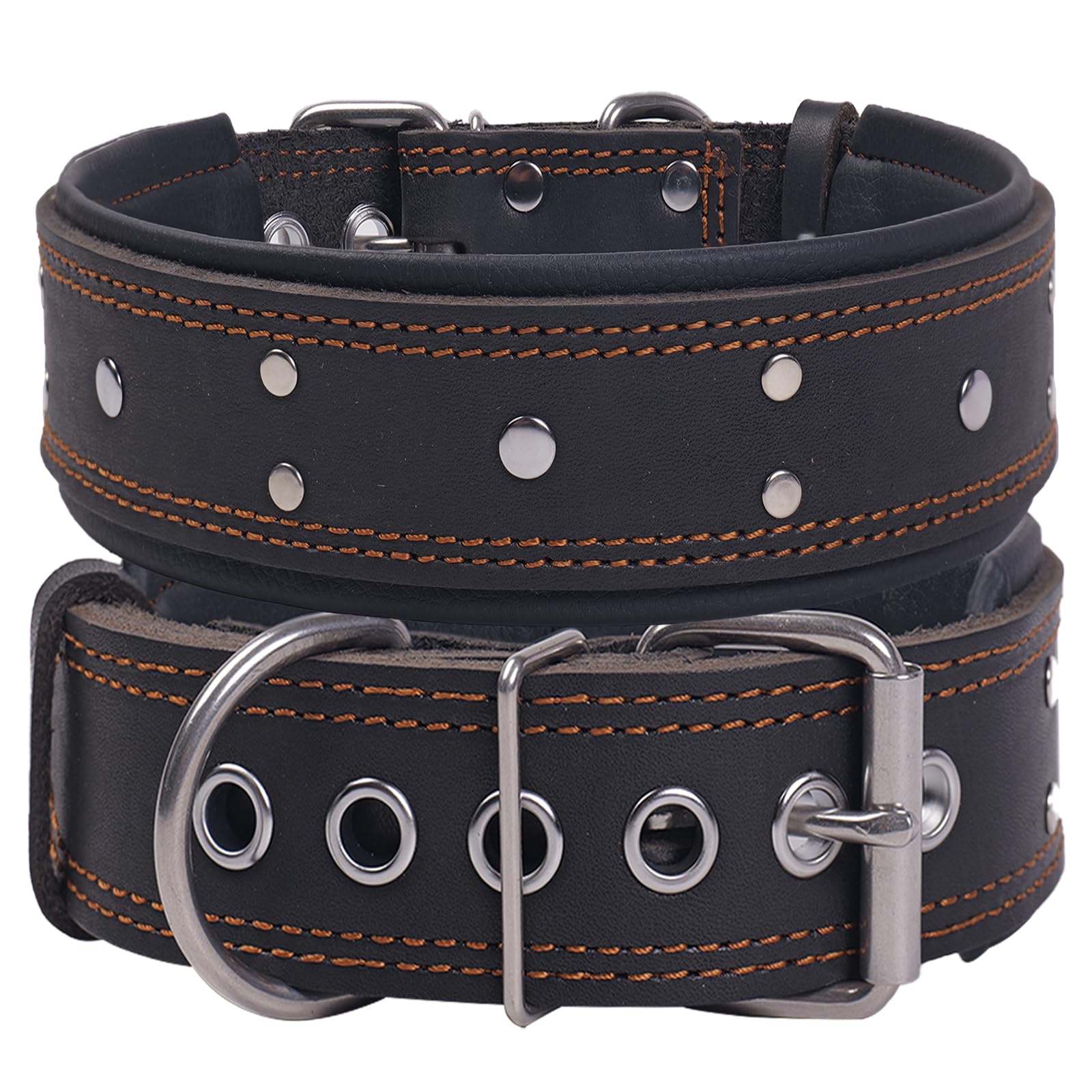 Leather Studded Dog Collar，Padded Extra Thick and 5cm Wide, Strong Genuine Soft Leather，Heavy Duty for Medium Large and Extra Large Dog Breeds(Black,L)