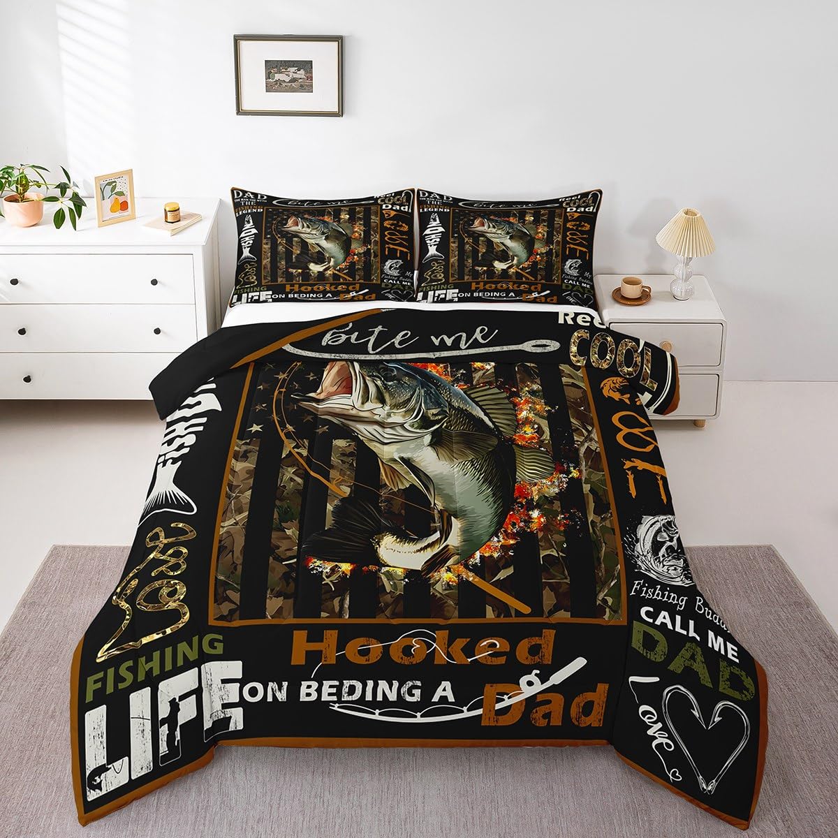 Feelyou Kids Big Pike Fishing Comforter Set King Size, Green Camo Duvet Insert Hunting Bedding Set Boys Girls Fisherman Teens Bedroom Decor Bed Set 3Pcs