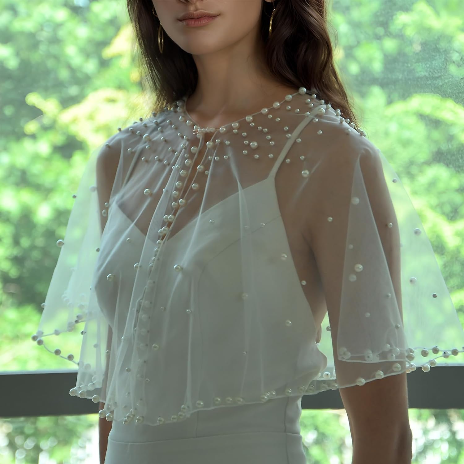 Pearl Shawl for Women, Soft Tulle Capes and Wraps for Evening Dress Wedding Party Bolero Cover Up - Image 2