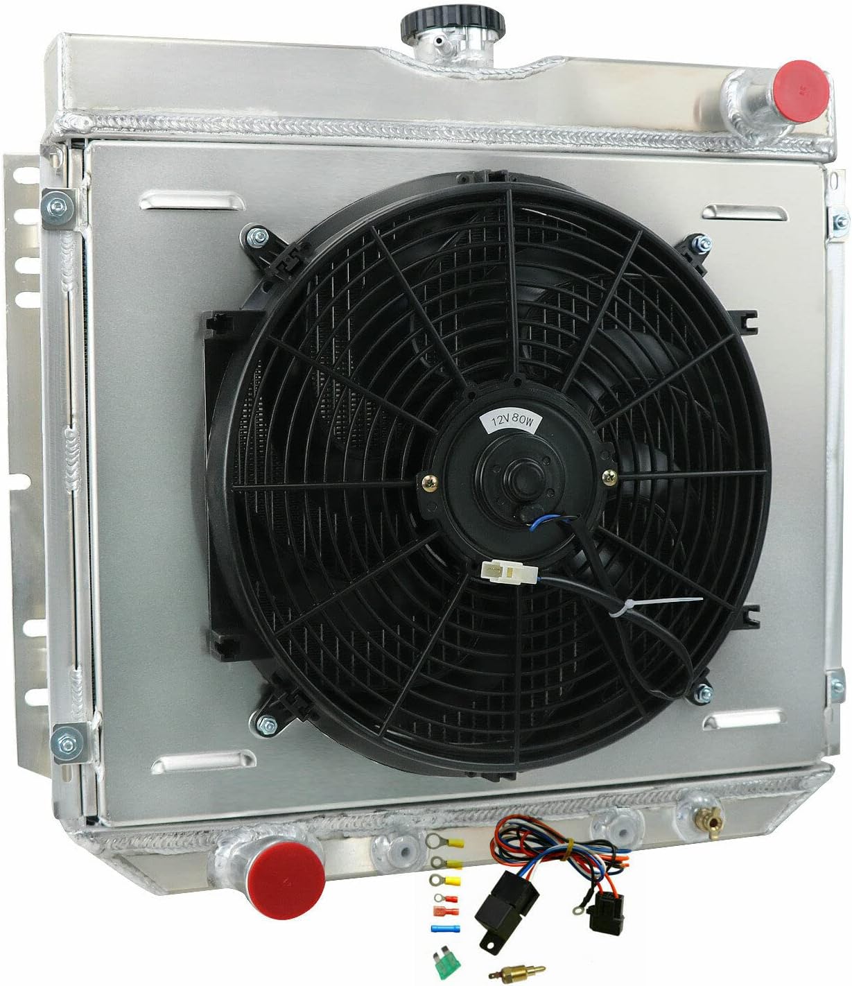 3 Row Core Radiator Compatible with 1967-1970 Ford Mustang Falcon Torino Fairlane 20"W Full Aluminum Radiators with Fan (14 Inches Dia.) W/Shroud+Relay Kit