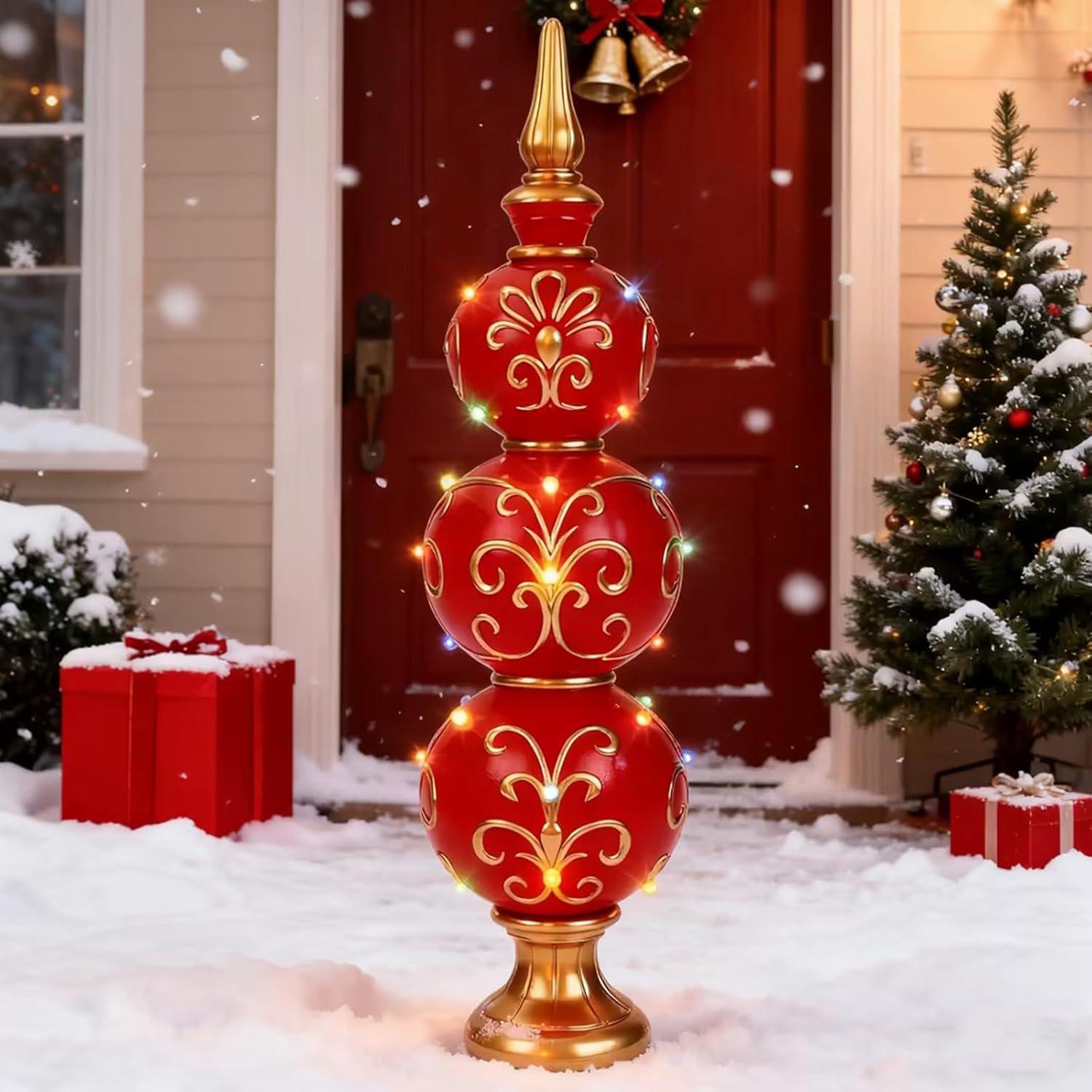 3 ft large christmas finial ornament statue with led lights metallic prelit finial statue outdoor decorations 3d resin vintage stand for xmas front porch yard indoor outdoor display