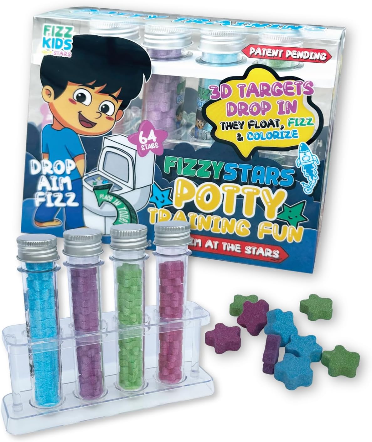 Speed Up Potty Training Star-Shaped Potty Targets That Bubble & Change Color – Fun Toilet & Urinal Aim Trainer for Toddlers (1 Pack – 64 Stars)