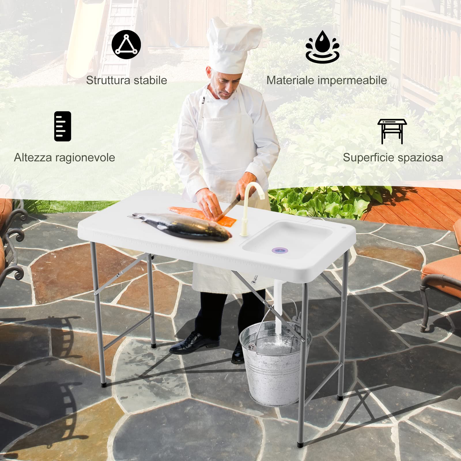 COSTWAY Tavolo da Campeggio Portatile, Tavolo Pieghevole con Lavandino, Rubinetto, Tubo di Scarico, Tavolo da Esterno, per Picnic e Campeggio, 115 x 59 x 93,5 cm, Portata 150 kg (Modello 6)