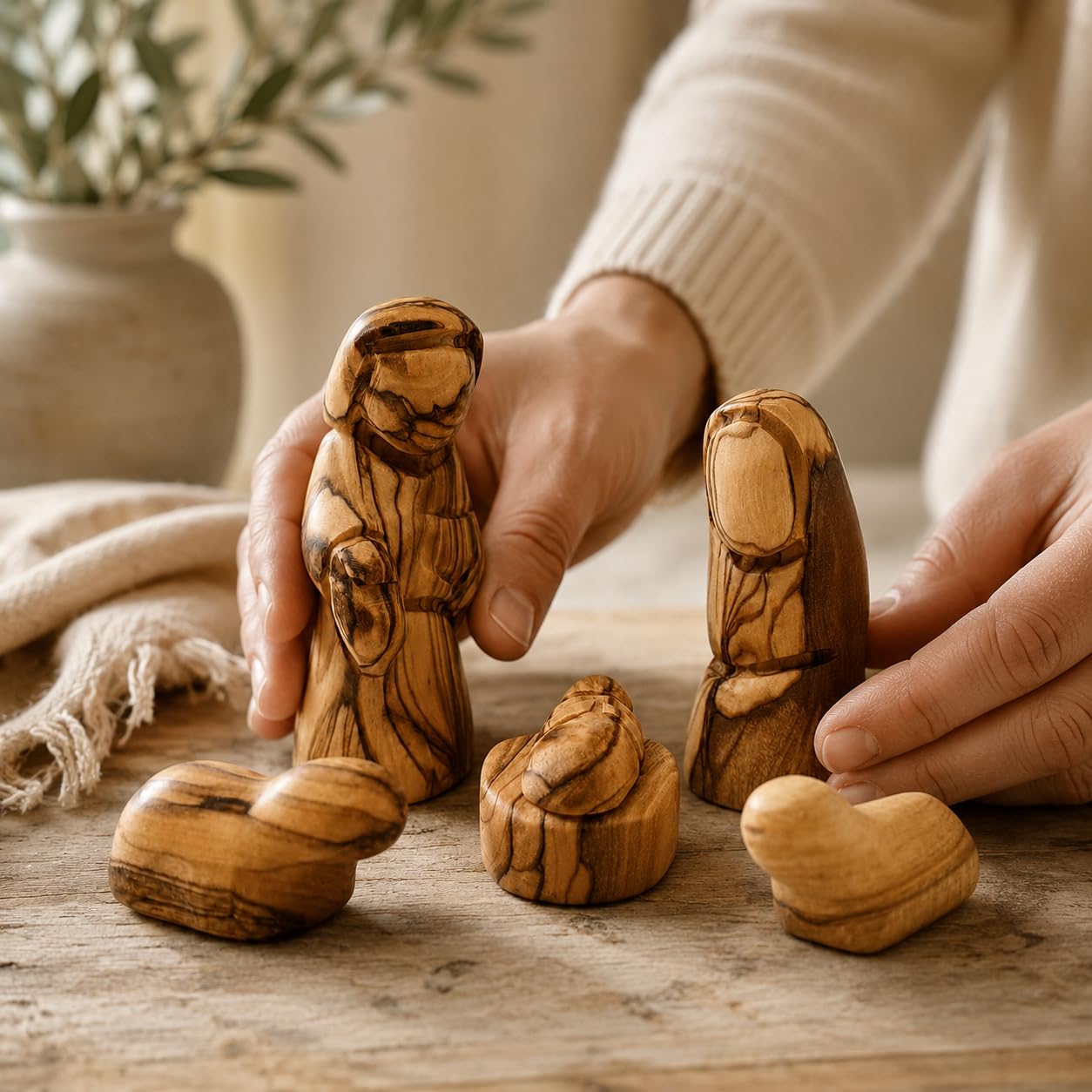 Zuluf Petites figurines de la Sainte Famille en bois d'olivier – Joseph, Marie et Bébé Jésus – Crèche de Noël en bois pour décoration d'intérieur