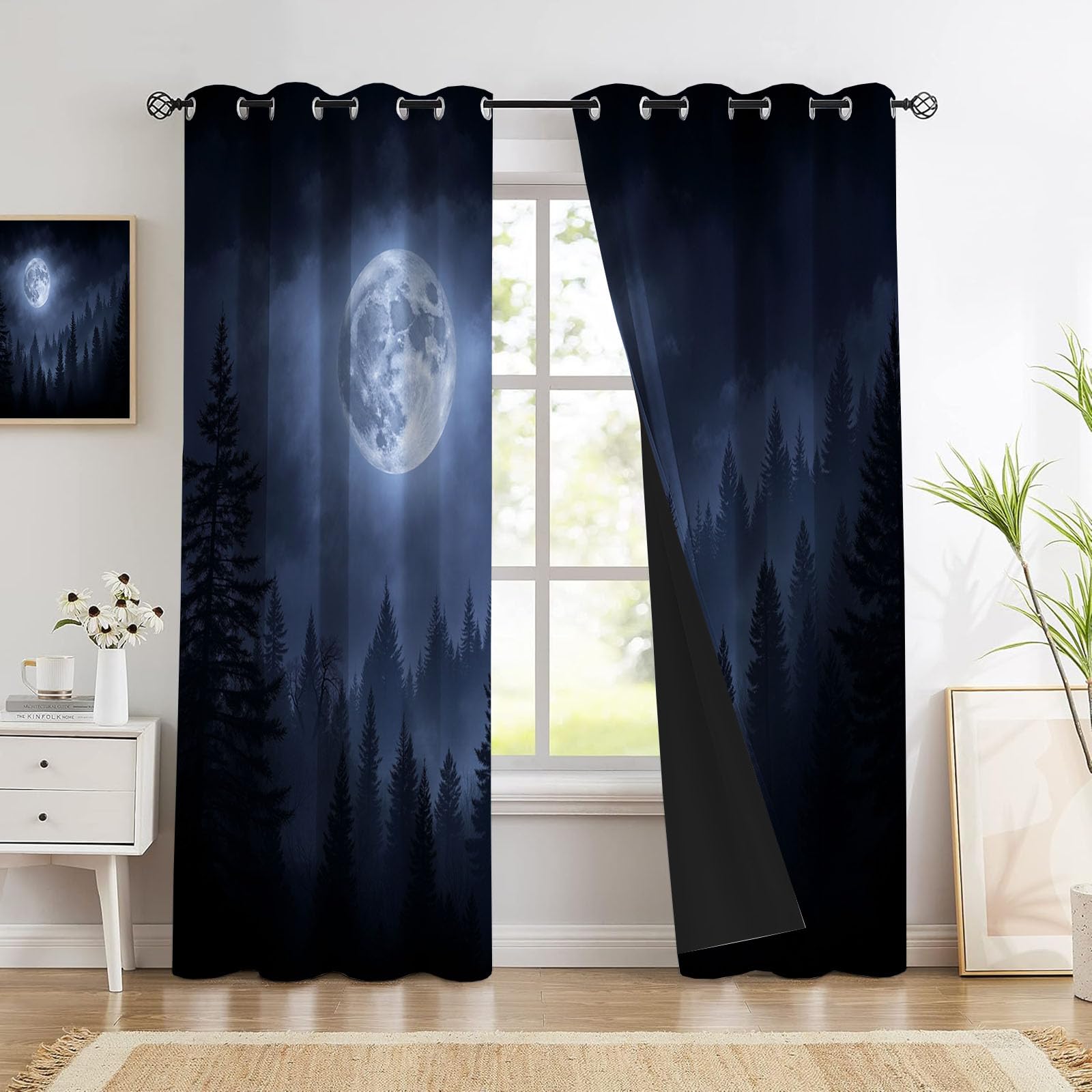 Naturwald Schallschutz Blickdichte Vorhänge Wohnzimmer, Nebelmond Verdunklungsvorhänge, Blauschwarz Thermovorhang Mit Ösen Schlafzimmer - H215 x B110 cm (2er Pack)
