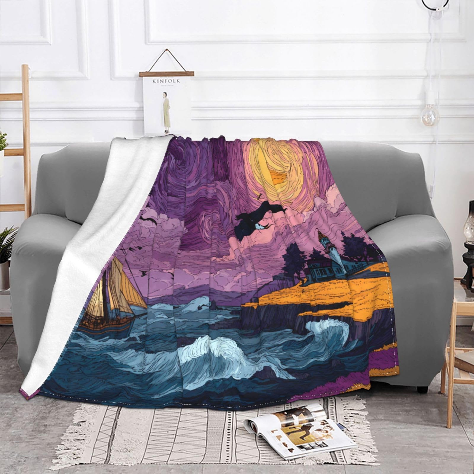 Manta de viaje portátil de 80 x 60 pulgadas, suave, resistente a las arrugas, plegable, exquisita pintura al óleo, estampado de cielo morado