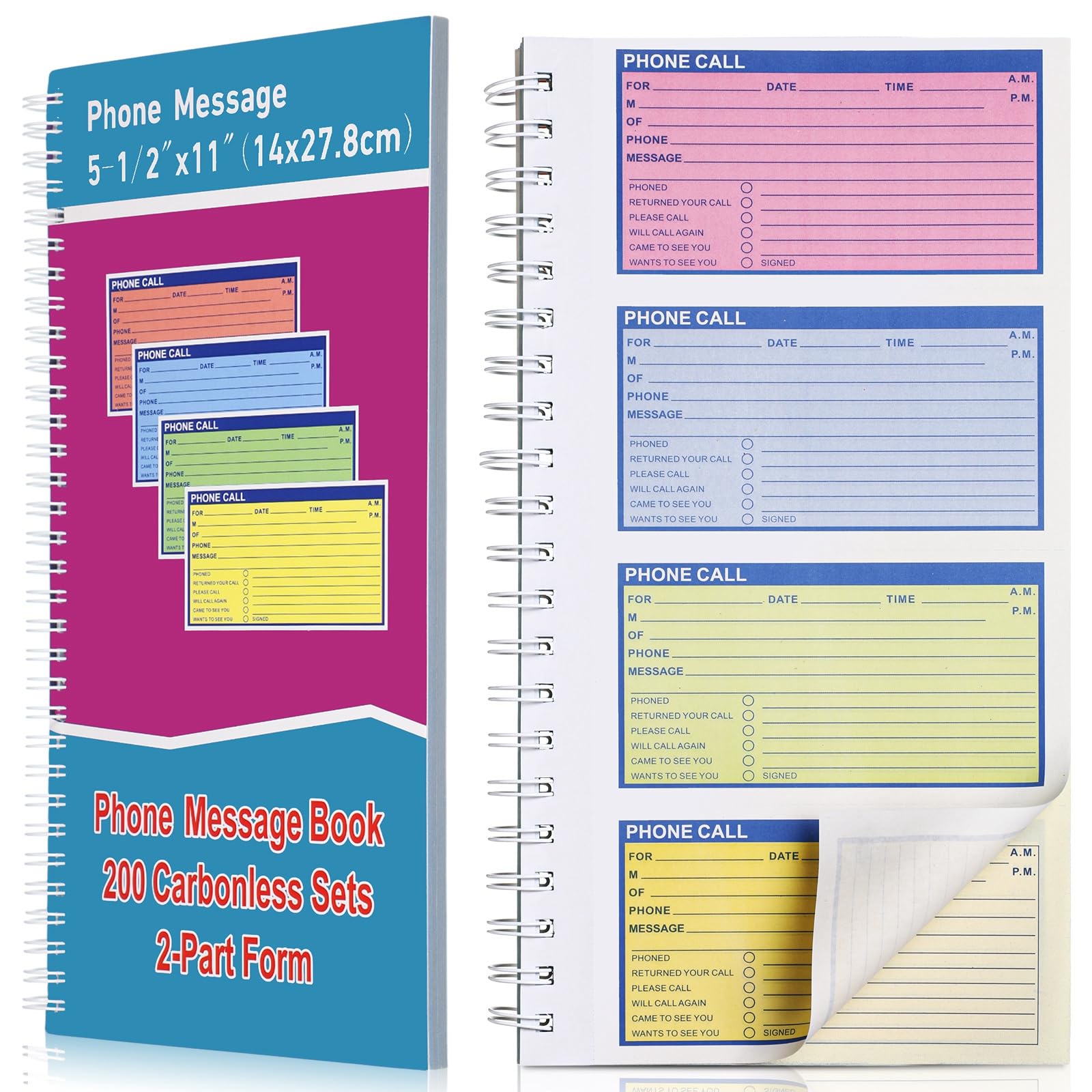Carnet de messages téléphoniques à spirale Sinmoe autocopiant double en rose et bleu 14x28 cm