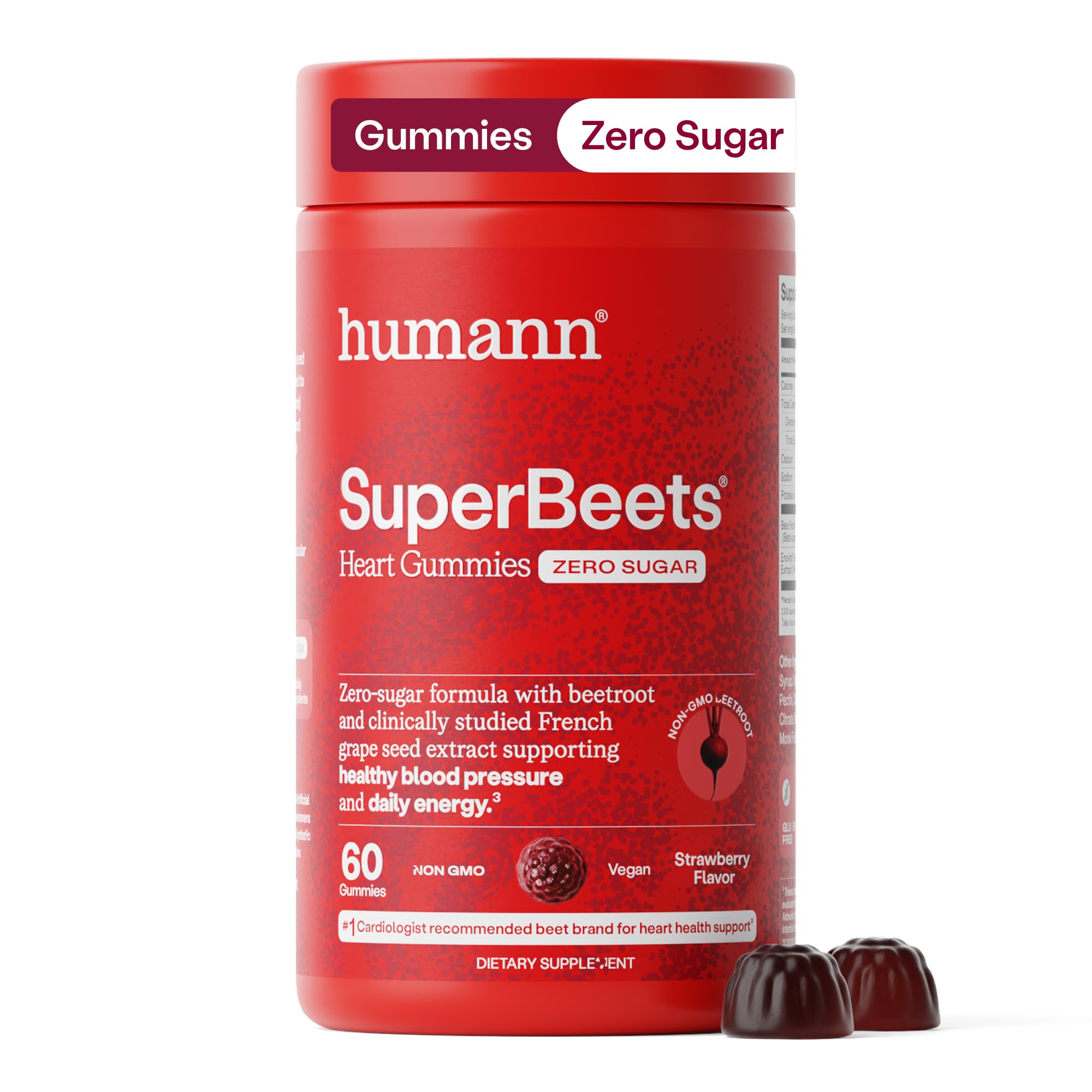 HumanN SuperBeets Heart Gummies Zero Sugar - Beet Gummy with Energy Support, Grape Seed Extract & Beetroot Powder - 60 Count Zero Sugar 60 Count (Pack of 1)