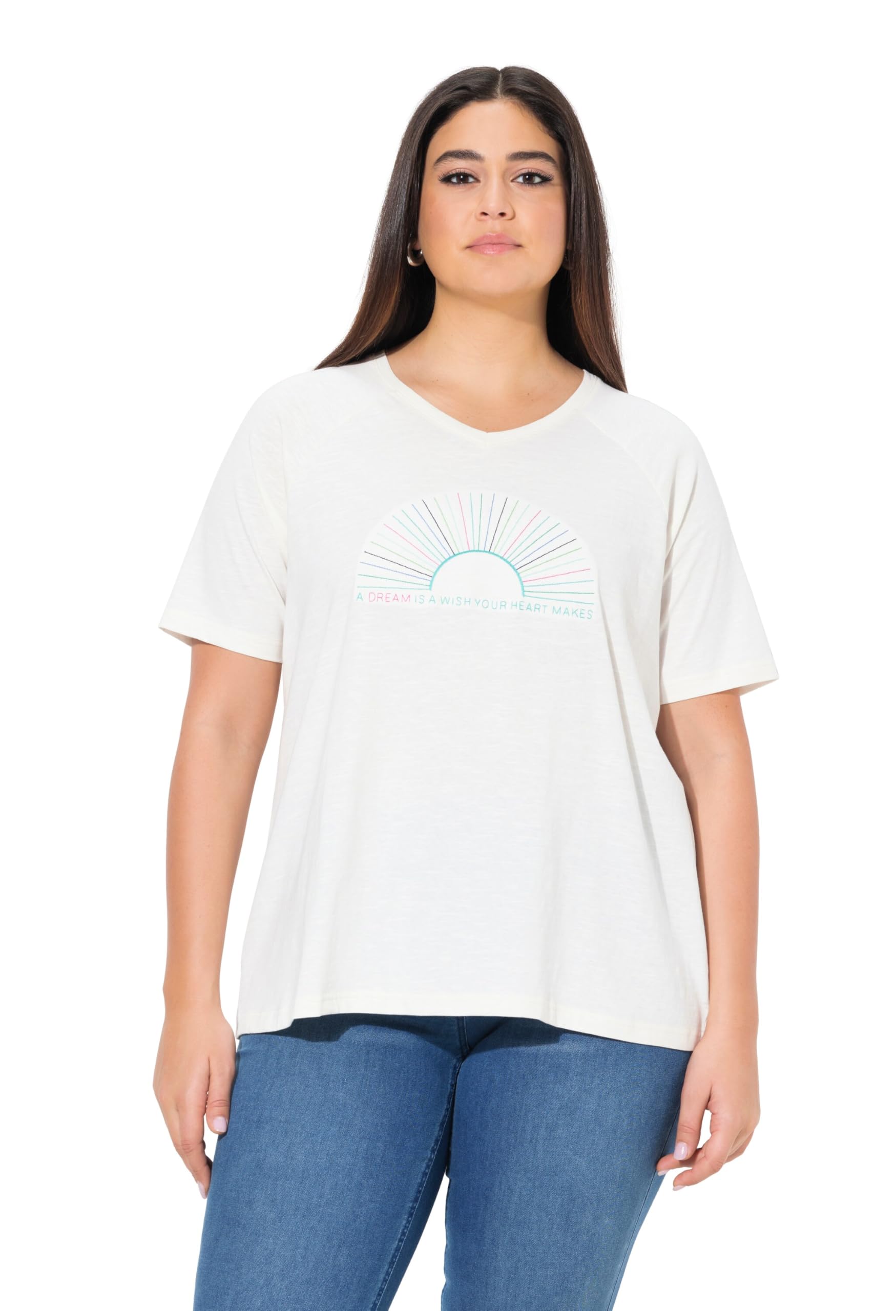 Ulla Popken Damen große Größen Übergrößen Plus Size T-Shirt, Stickerei, Classic, V-Ausschnitt, Flügel-Halbarm 838617