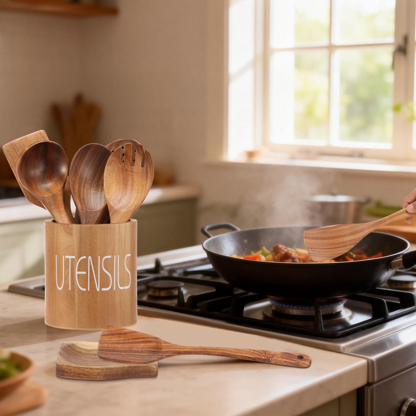 9er Set Kochlöffel Holz Set aus Teakholz mit Halter Pfannenwender Holz und Schöpflöffel Küchenutensilien für Antihaftpfannen Hitzebeständig Robustes Kochbesteck Unikat Naturholz Braun