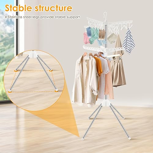 Miniatura 5 de Estante de secado de ropa de 2 niveles, soporte de secado de ropa plegable de 56 pulgadas con 3 brazos giratorios, 24 clips, estante portátil para