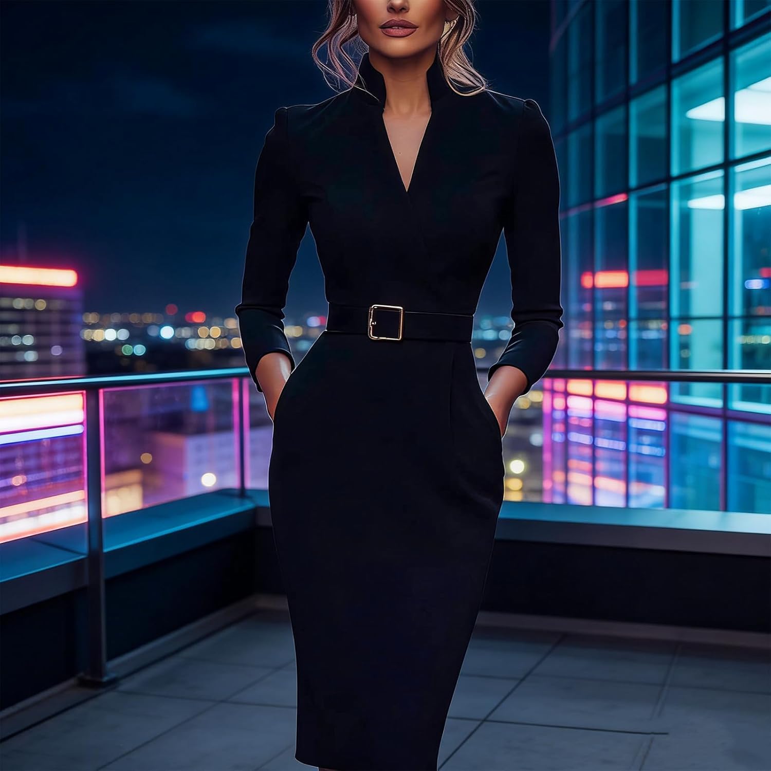 Women's Elegant Business Long Sleeved Pockets Dress with Belt, Refined Belted Sheath Dress with Mandarin Collar