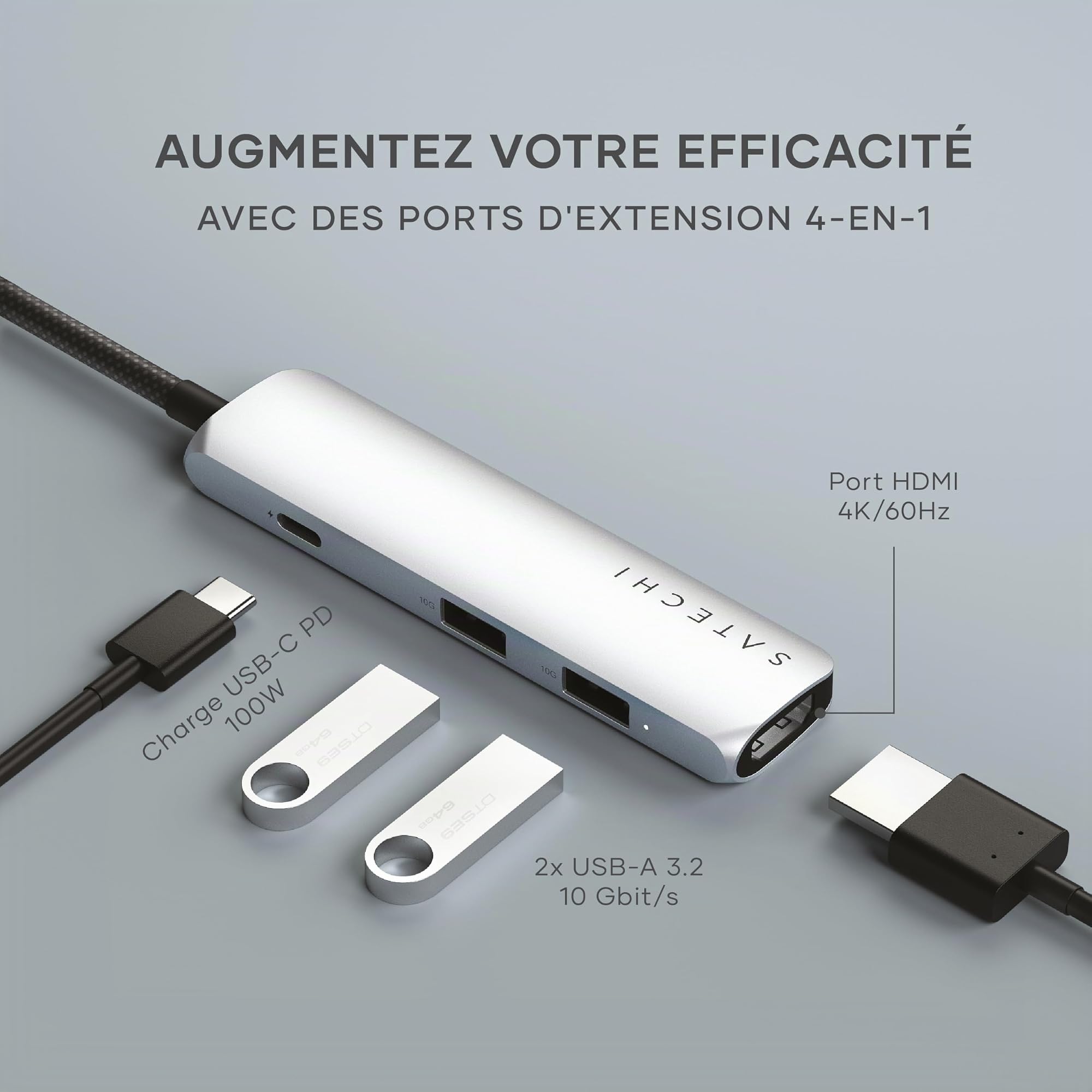 SATECHI Hub USB C 4 en 1 Slim Plus, PD 100W, HDMI 4K, Argent | 2x Ports USB-A 10Gbps, vidéo 4K@60Hz, pour MacBook Air/Pro/Neo, PC portables Windows et plus