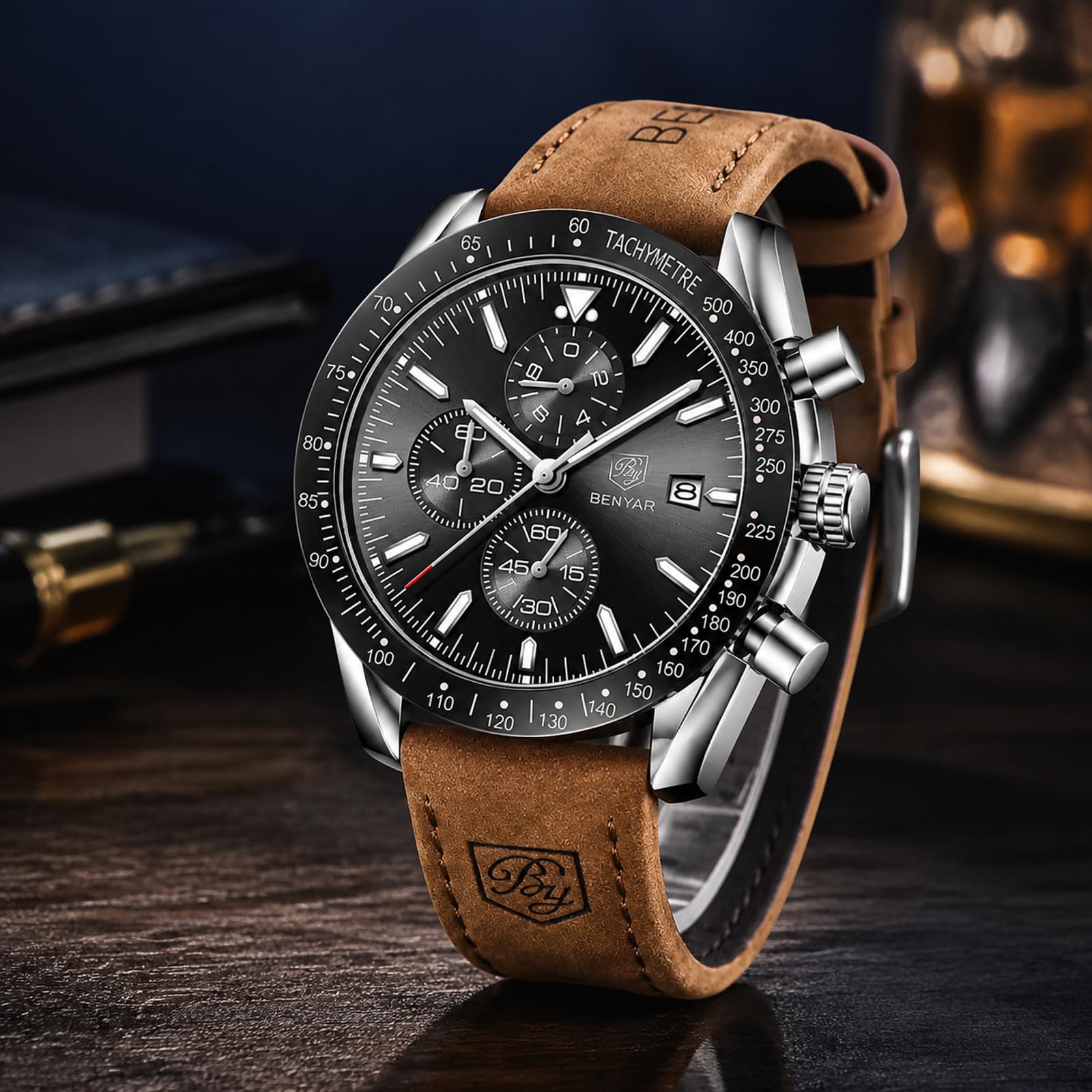 Benyar, orologio cronografo da uomo, 45 mm, quadrante grande, analogico, al | Orologio da uomo al quarzo, impermeabile, luminoso, multifunzione, con cronografo, cinturino in silicone, per lavoro, sport
