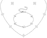 ORAZIO Dainty Silver Gold Jewelry Set for Women Trendy 14K Gold Plated CZ Flowers Pendant Choker Necklaces for Women Stud Earrings Clover Link Bracelets Stack Jewelry Gifts for Wedding Prom Brides