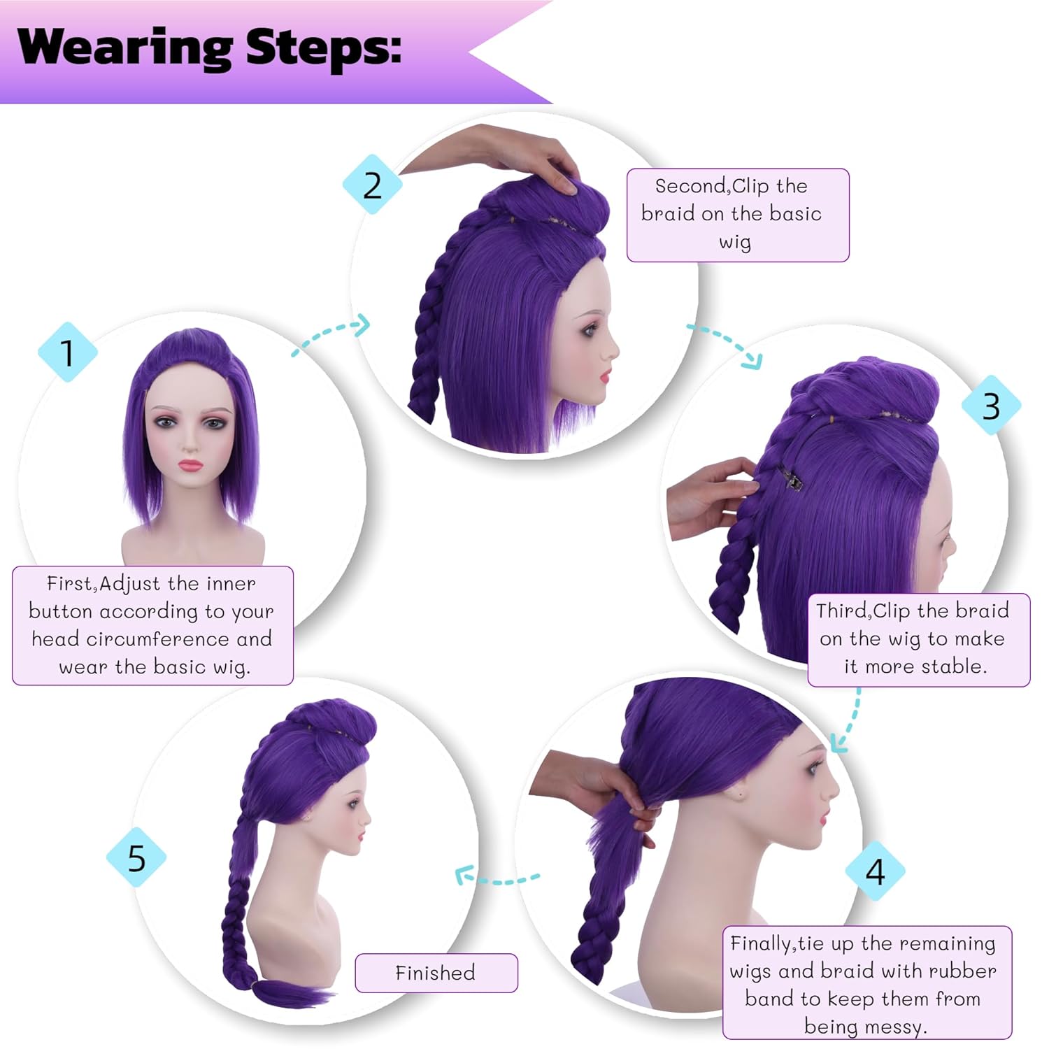 Purple Braid Wigs Light Purple 2 pieces Wig Short Lavender Purple Wig with a detachable Braid Daily Party Halloween Costume Wigs