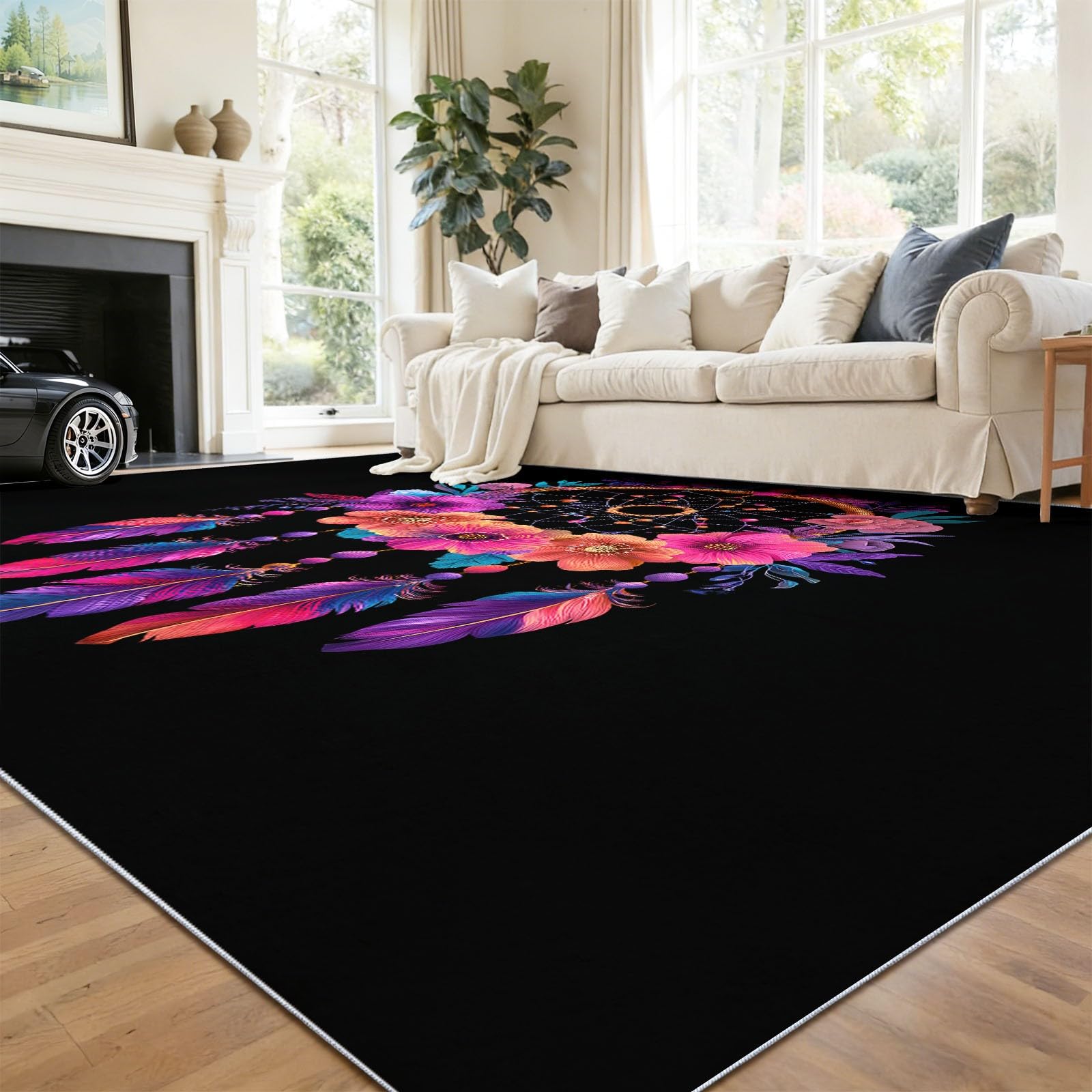 Dywan w stylu etnicznym łapacz snów, pióra, kwiatowy dywan do sypialni, 160 x 230 cm, można prać w pralce, antypoślizgowy, wielokolorowy dywan do spokojnego akcentu sypialni, odporny na plamy dywan z