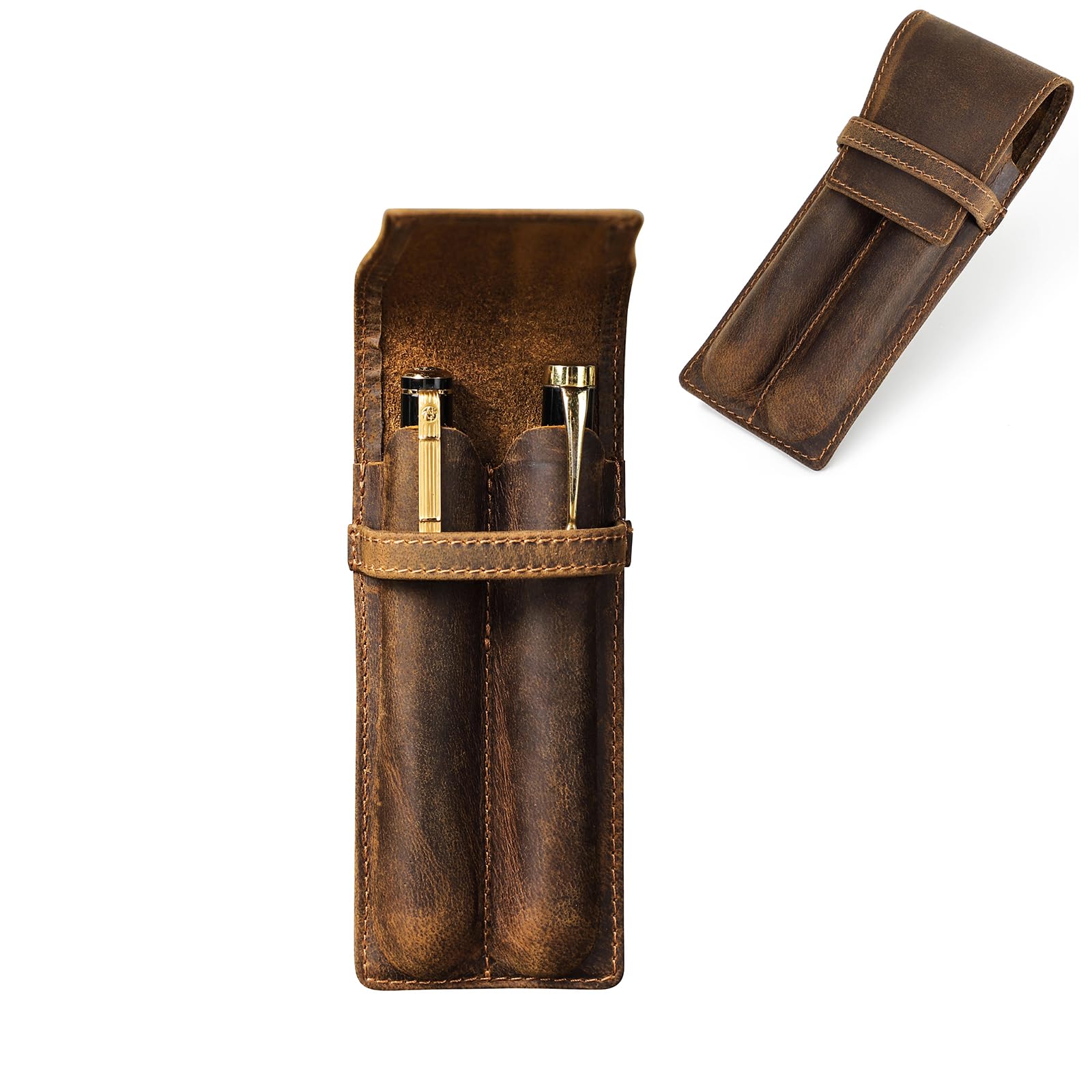 CONTACT'S FAMILY Leather Pen Holder Case, Stationery Pouch for 2 Pens, Leather 2 Slots Fountain Pen Sleeve Cover Pouch (Coffee)