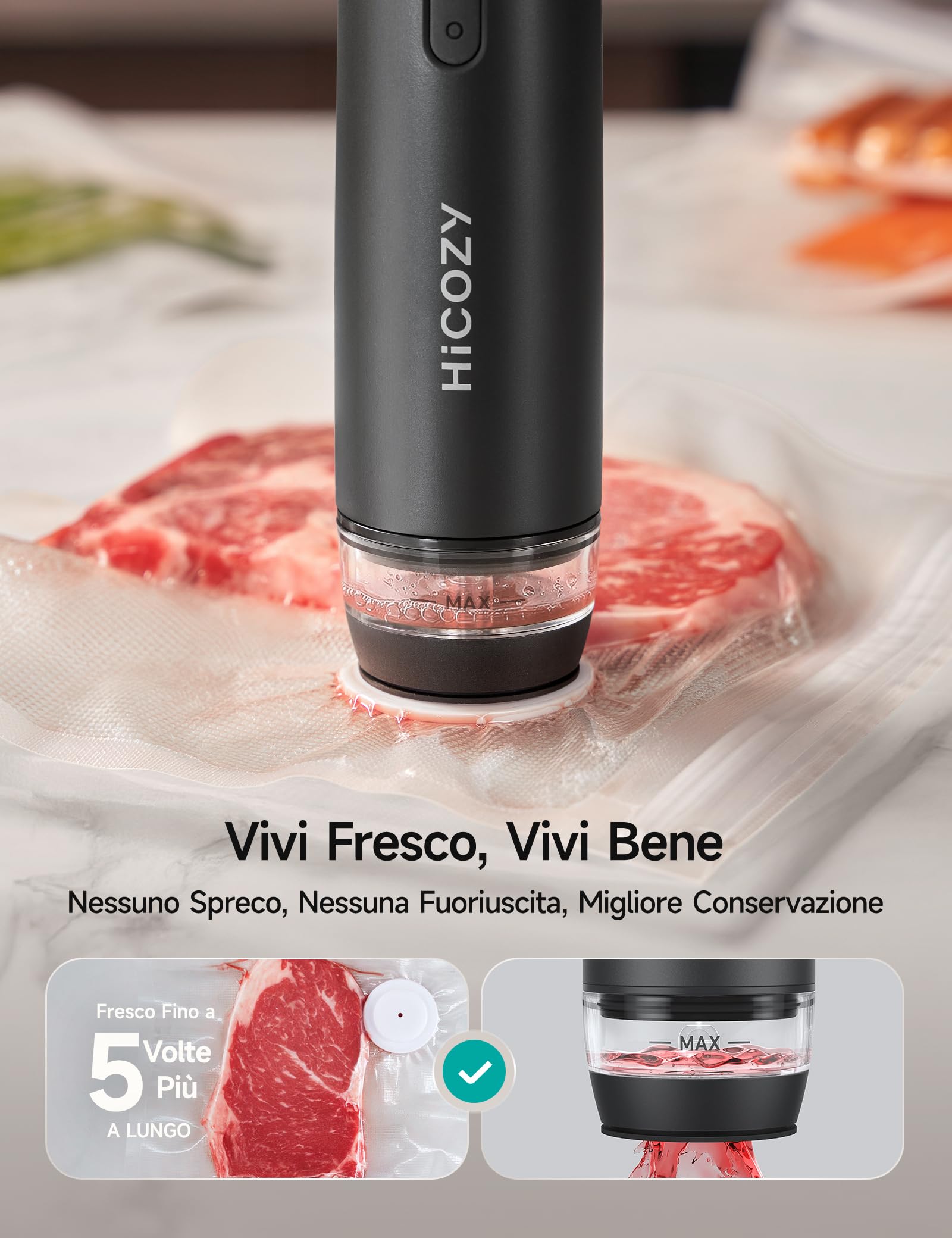 HiCOZY Macchina Sottovuoto Alimenti Portatile con Serbatoio Acqua Visibile, Sigillatrice Sottovuoto Compatta Include 30 Sacchetti Senza BPA, Sigillatura Freschezza con Un Tocco, Grigio