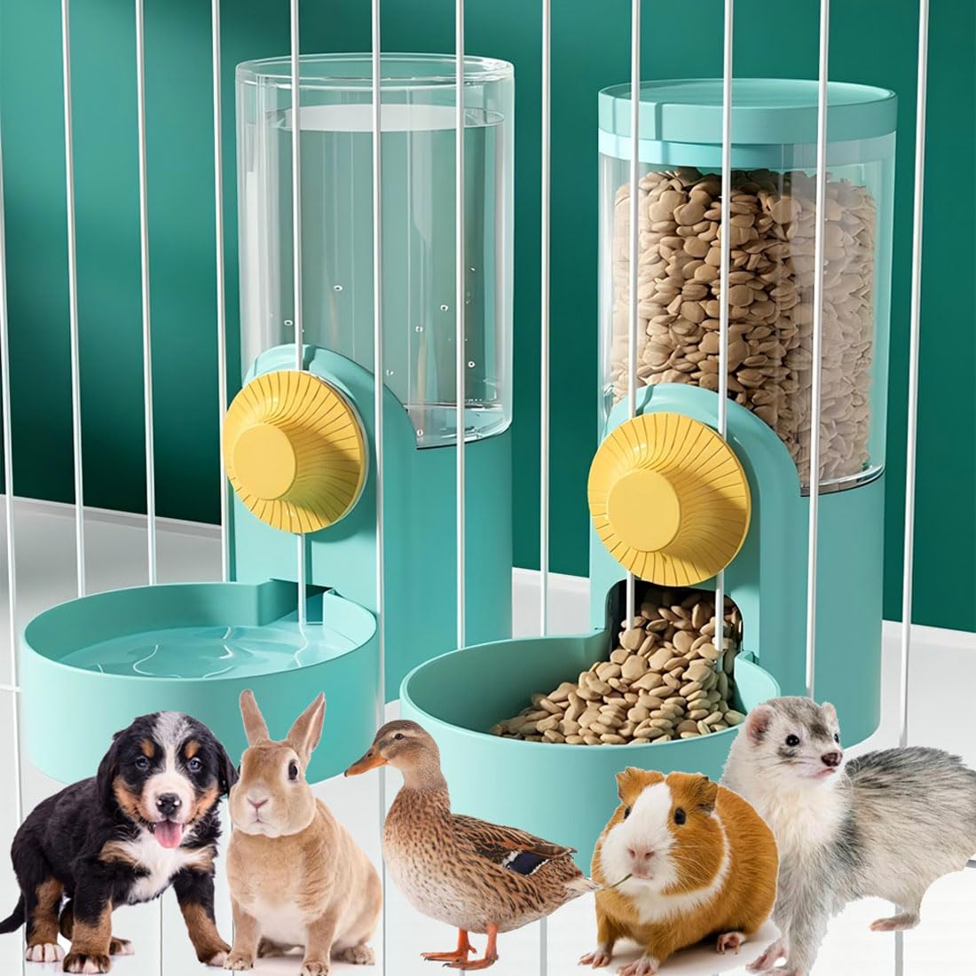 Set di dispenser per acqua per conigli, 1134 g, mangiatoia automatica da appendere, ciotola per acqua per furetti, coniglietti e porcellini d'India, adatto per piccoli animali, distanza tra la griglia