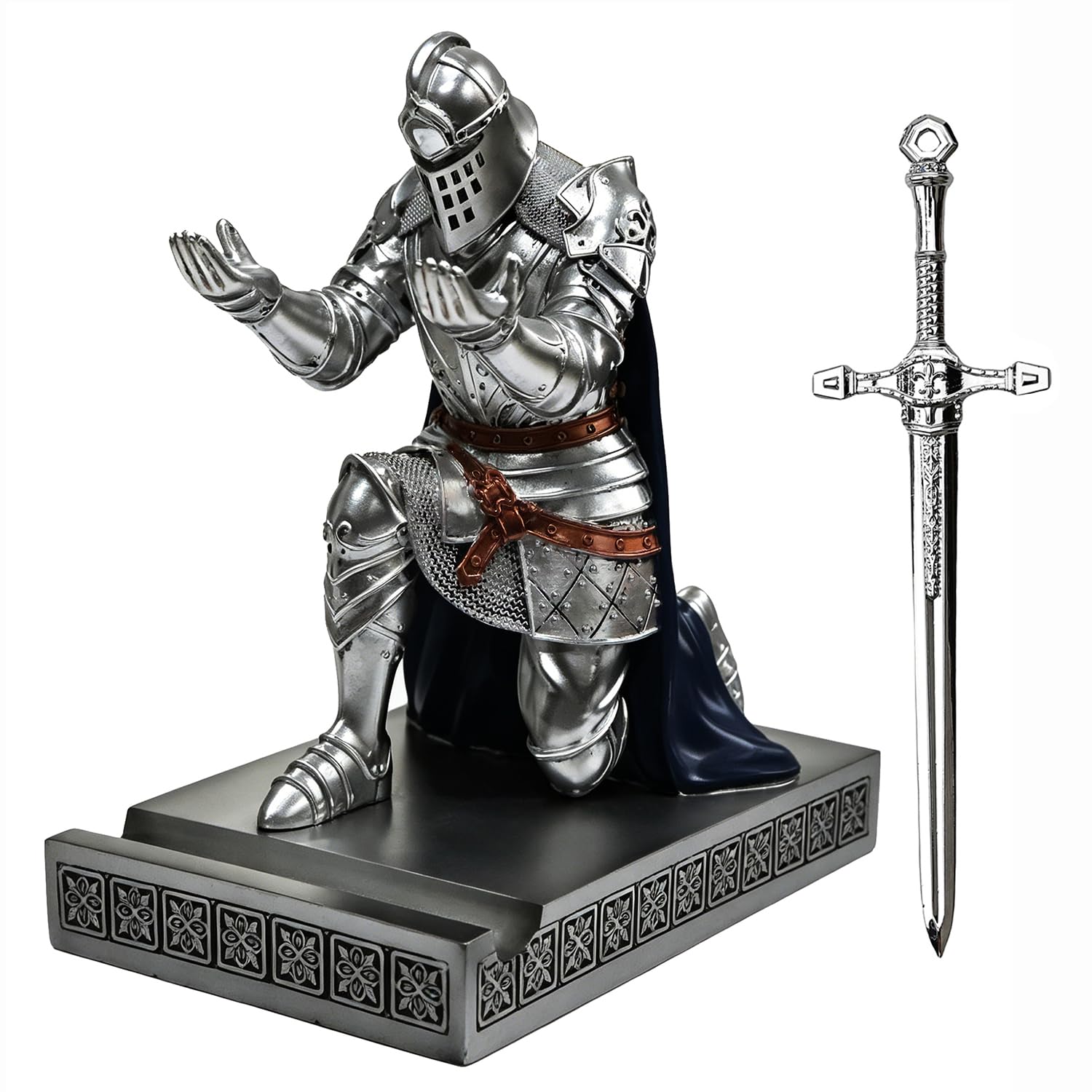 HDMbigmi King's Guard Leader Cloak Warrior Knight Pen Holder Mobile Phone Stand, Ornament Knight Statue, Pen Stand Paperweight for Office and Home (SilverBlue)
