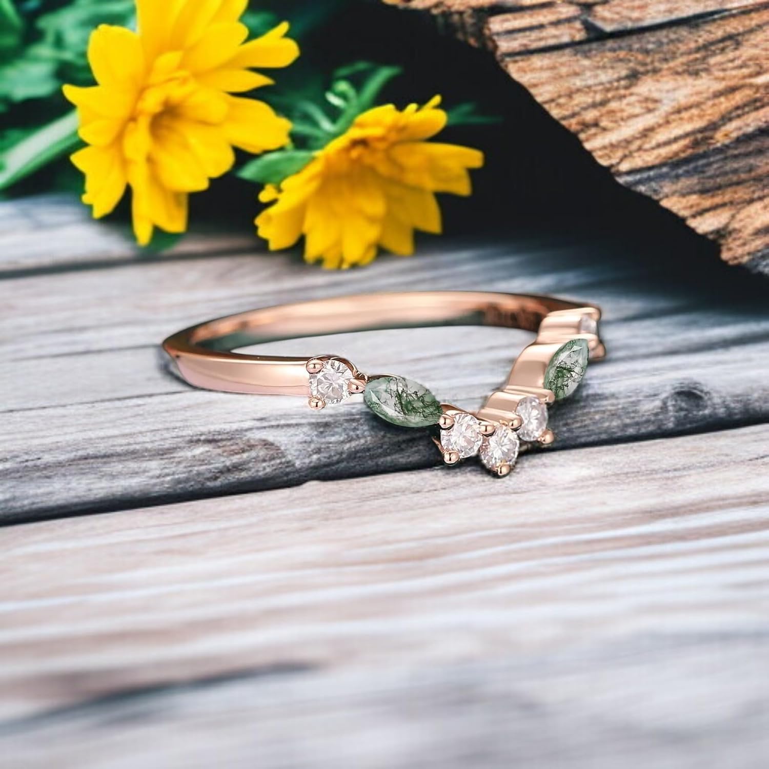 Moss Agate Leaf Wedding Band for Women 14K Rose Gold Plated Sterling Silver Dainty Branch Ring Diamond Accent Nature Inspired Stacking Eternity Promise Band Minimalist Valentine’s Day Gift Jewelry