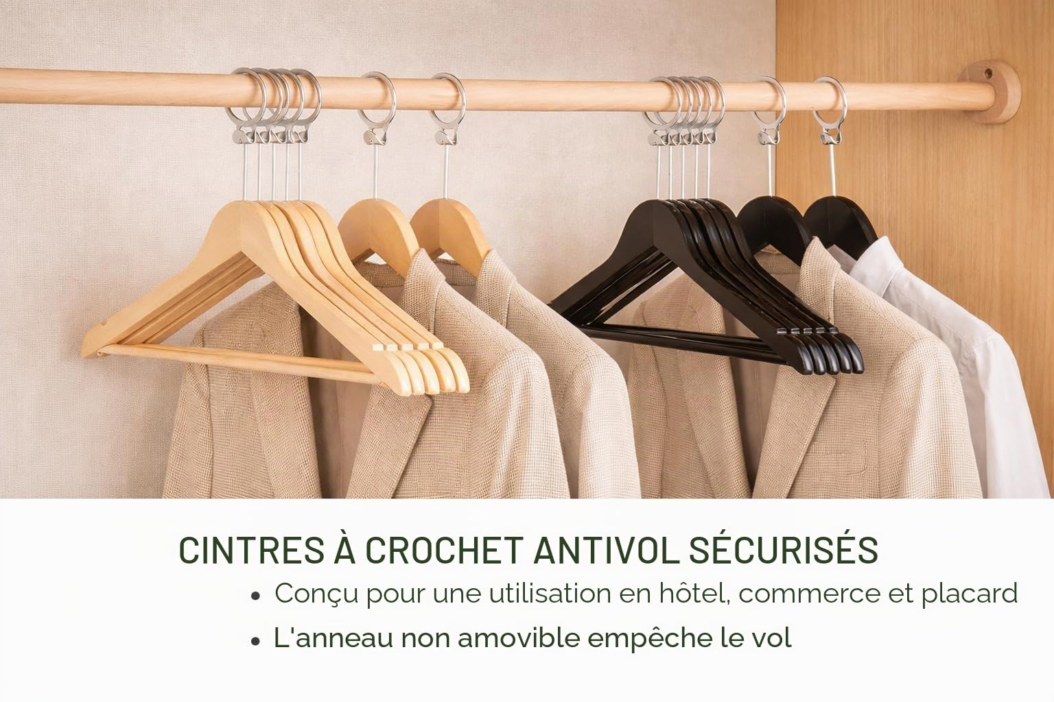 MELA'S Lot de 10 cintres en Bois antivol avec Anneau de sécurité – Retirables Uniquement par Le Personnel – pour hôtels et Usage Professionnel