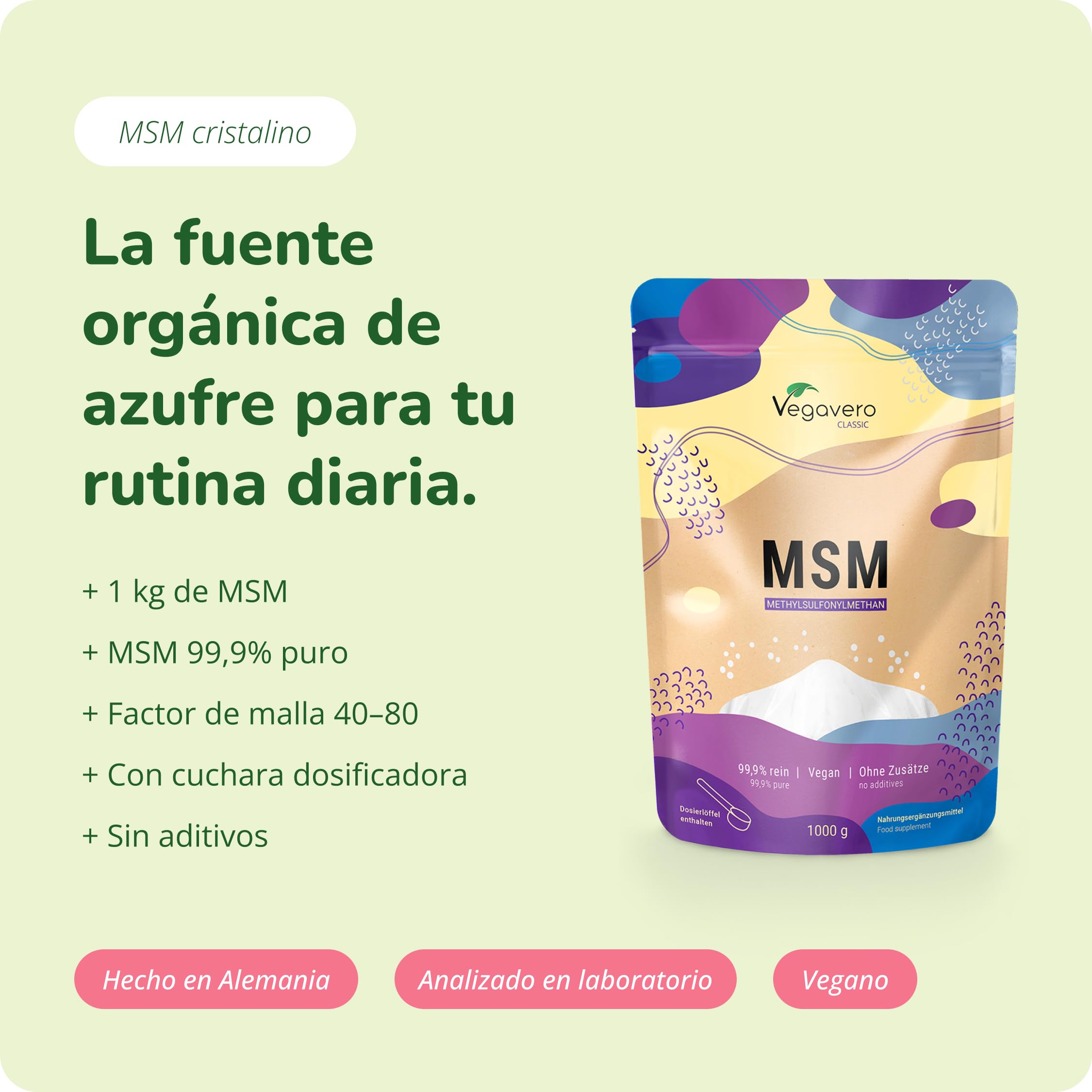 MSM Polvo Vegavero | El Único PURO | 1 KG | Sin Aditivos | Antiinflamatorio Natural + Dolor Espalda + Articulaciones & Joint Support | Vegano
