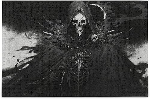 Rompecabezas de madera de 500 piezas con estampado de esqueleto blanco y negro, con bolsa de almacenamiento con partición del alfabeto, fácil de