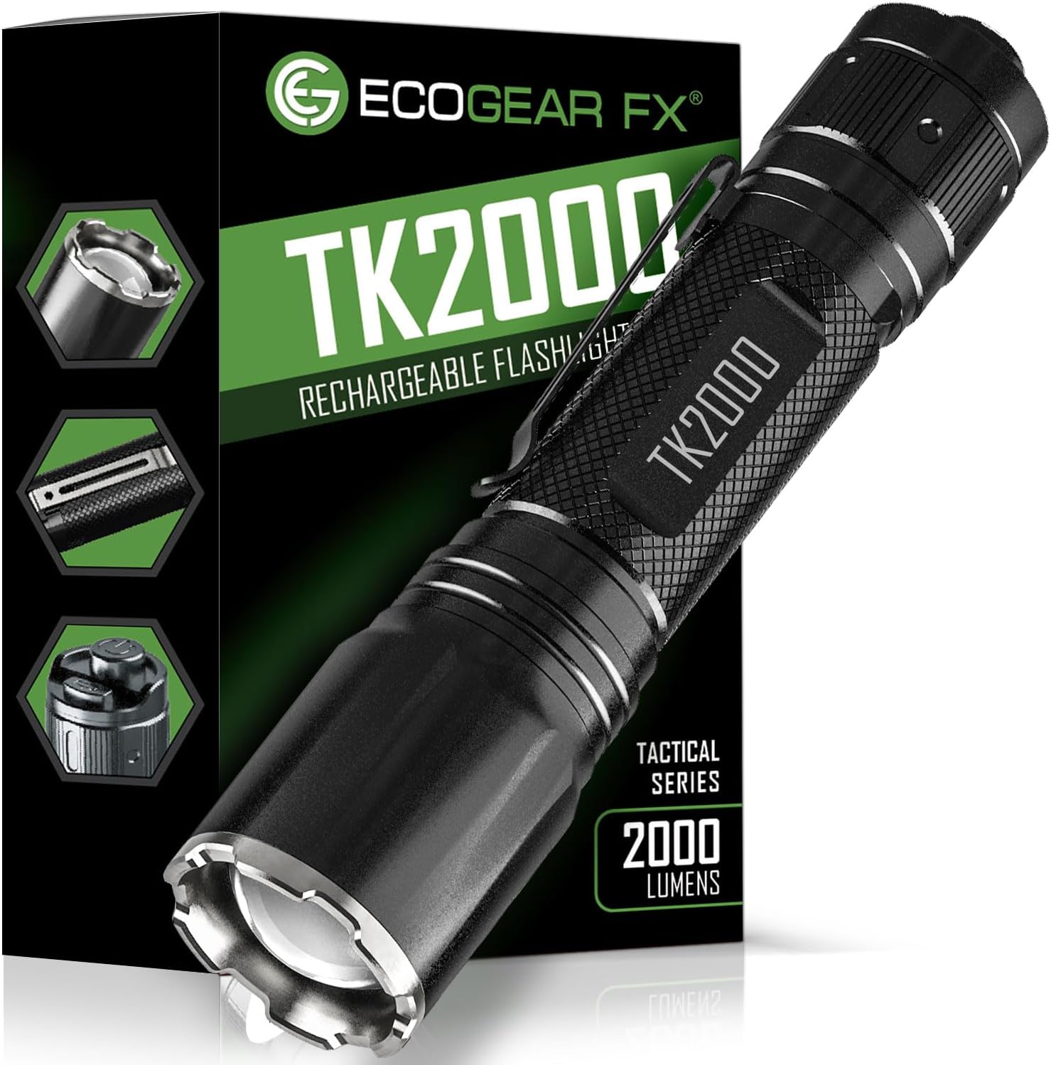 EcoGear FX TK2000 Tactical Flashlight Kit - USB Rechargeable Flashlight Offering 2000 Lumens Max, 3 Light Modes with Instant Strobe Light, Adjustable Focus Zoom & a 5000mAh High Power Battery