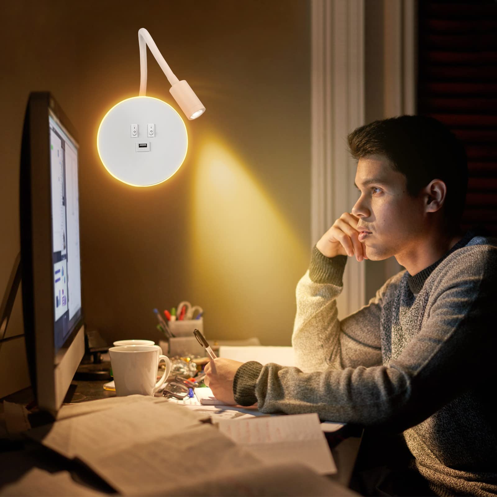 UrbanHomes Lampada da Parete a LED Lampada a Collo di Cigno Flessibile, Lampada da Lettura Sul Comodino con Porta di Ricarica USB E Interruttore, Applique da Parete per Corridoio (bianco)