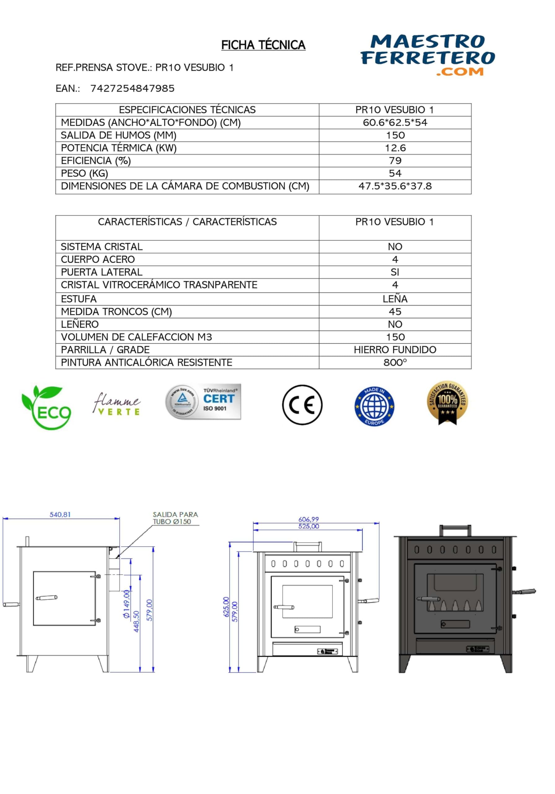Poêle à Bois VESUBIO 1 12,6 KW Acier 4 mm ECODESIGN 2022