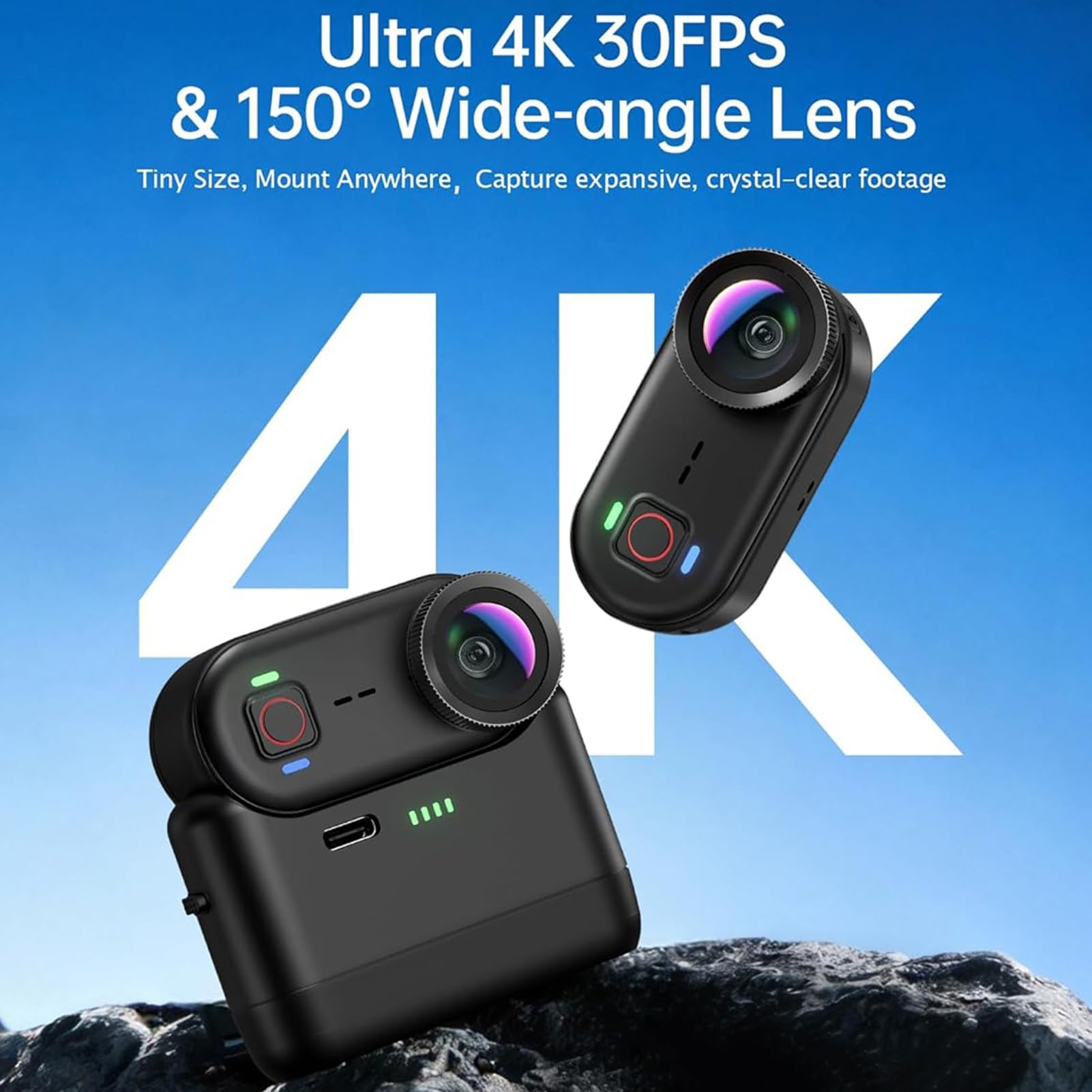 Caméra d'action au Pouce 4K, Portable Magnétique étanche à l'eau