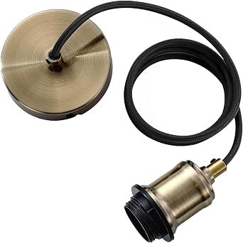 Industrial Antique Brass Pendant Light Fitting, Metal E27 Srew Lamp Holder with Lock Ring for Shade, Metal Ceiling Rose with 100cm Adjustable Black Braided Flex Cable Ceiling Light Fixture KIT801AB [Energy Class C]