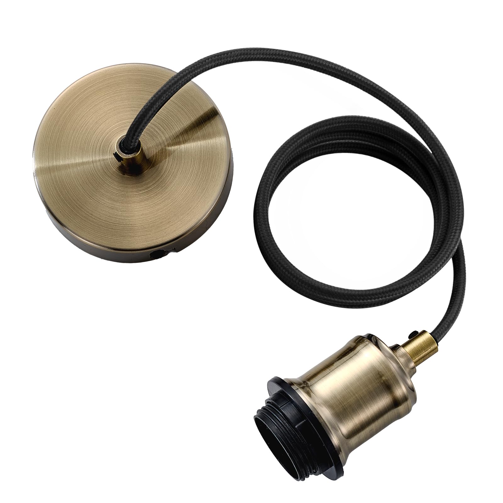 Industrial Antique Brass Pendant Light Fitting, Metal E27 Srew Lamp Holder with Lock Ring for Shade, Metal Ceiling Rose with 100cm Adjustable Black Braided Flex Cable Ceiling Light Fixture KIT801AB