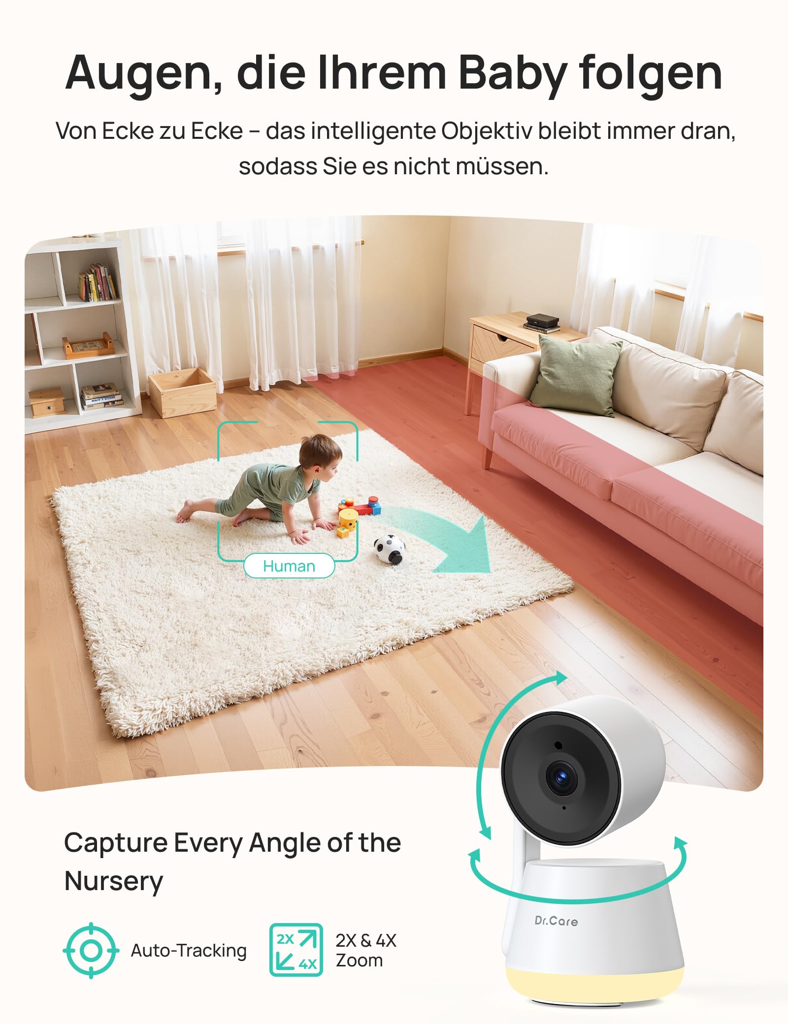 Dr.Care LumiView Plus Smart WLAN Babyphone – 5,5" 1080P FHD & 2K Kamera, Privatsphärenmodus, Multi-User, 5000mAh Akku, RGB Nachtlicht, Bewegungs- & Weinenalarm, App-Steuerung (2 Kameras + 1 Monitor)