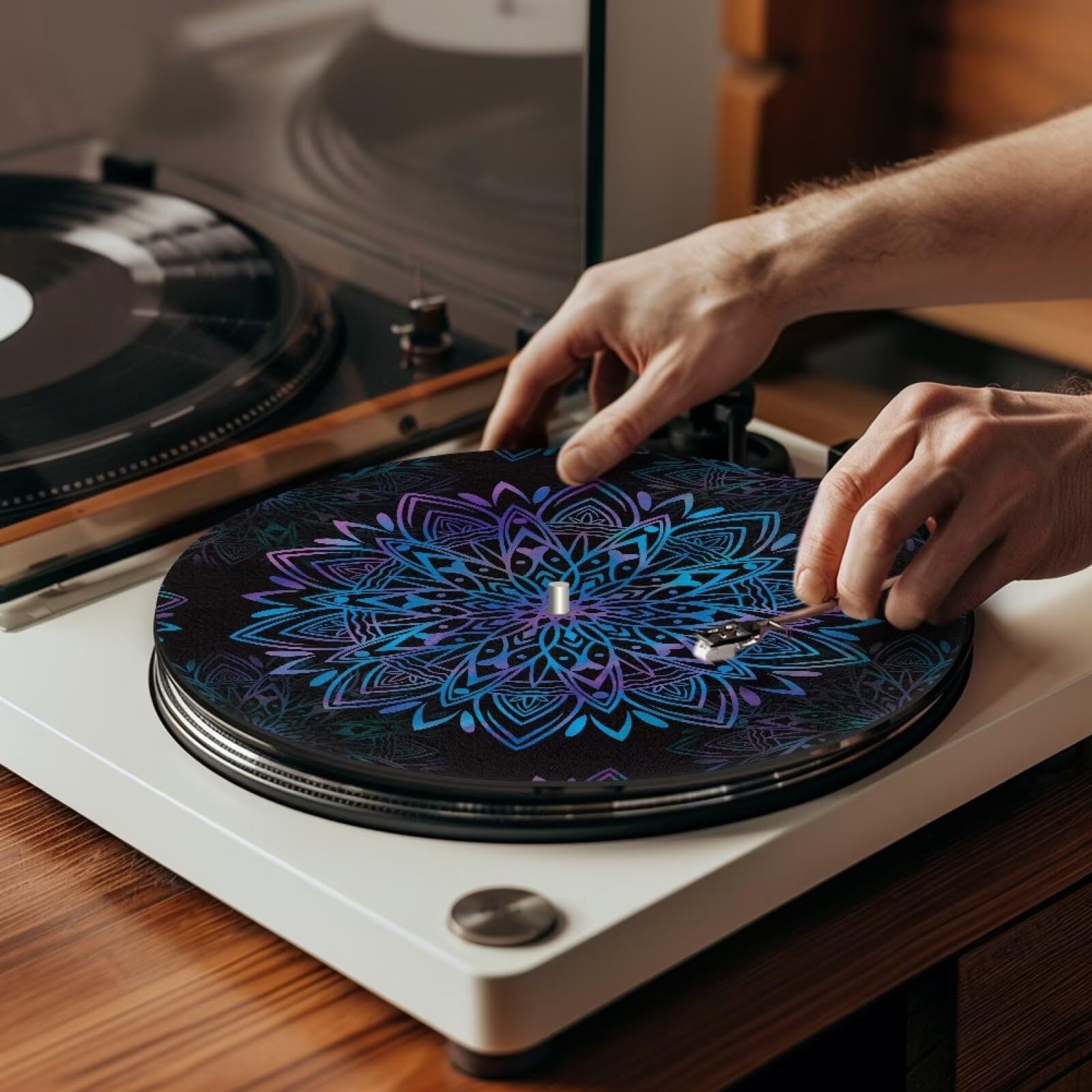 Tappetino per giradischi mandala, motivo fiore di loto, antistatico e antivibrazione, 30,5 cm, in feltro, supporto sonoro, antistatico, in vinile, accessori