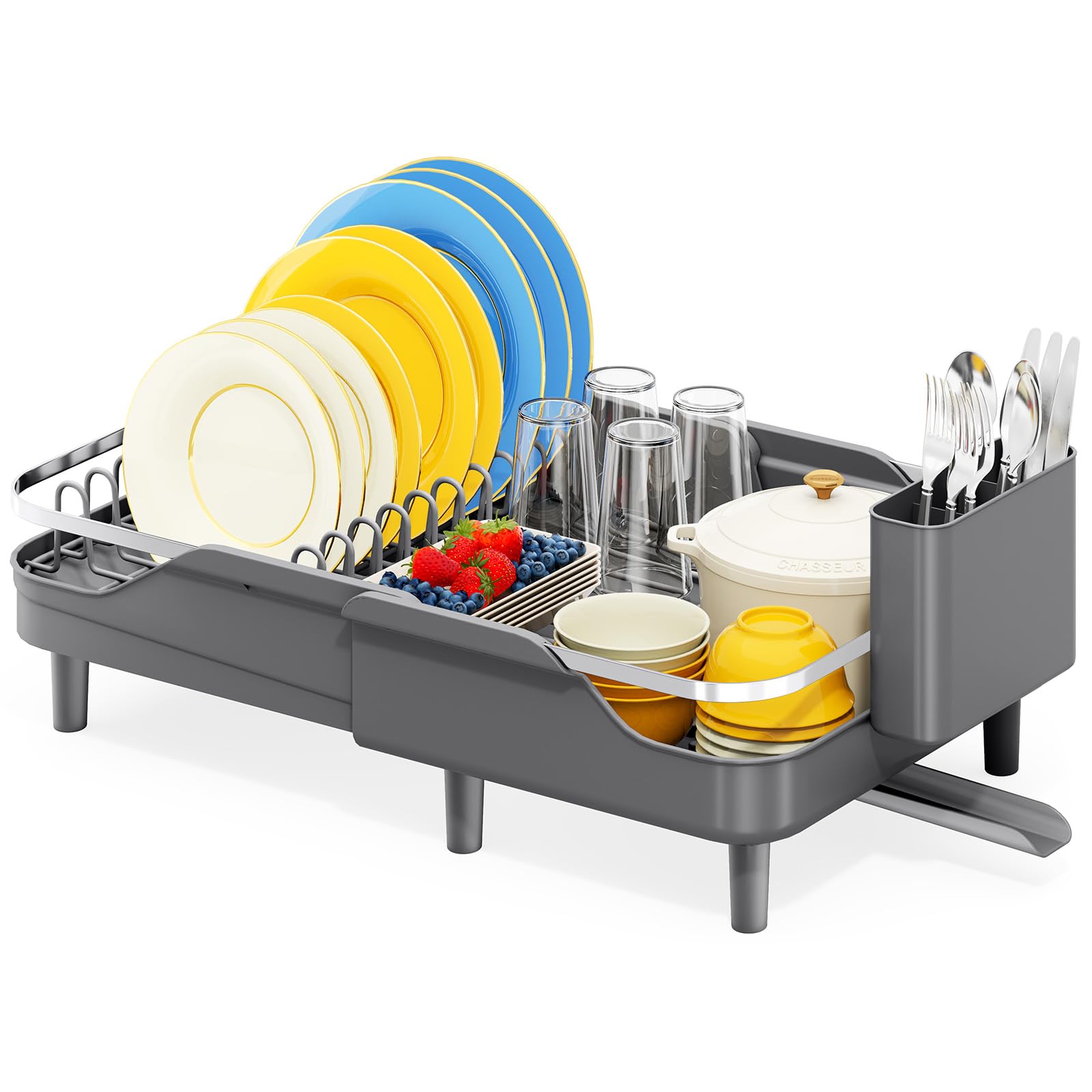 Urackify Égouttoir à vaisselle extensible 32-52 cm en acier inoxydable pour plan de travail de cuisine, égouttoir spacieux avec bord de protection surélevé, gris