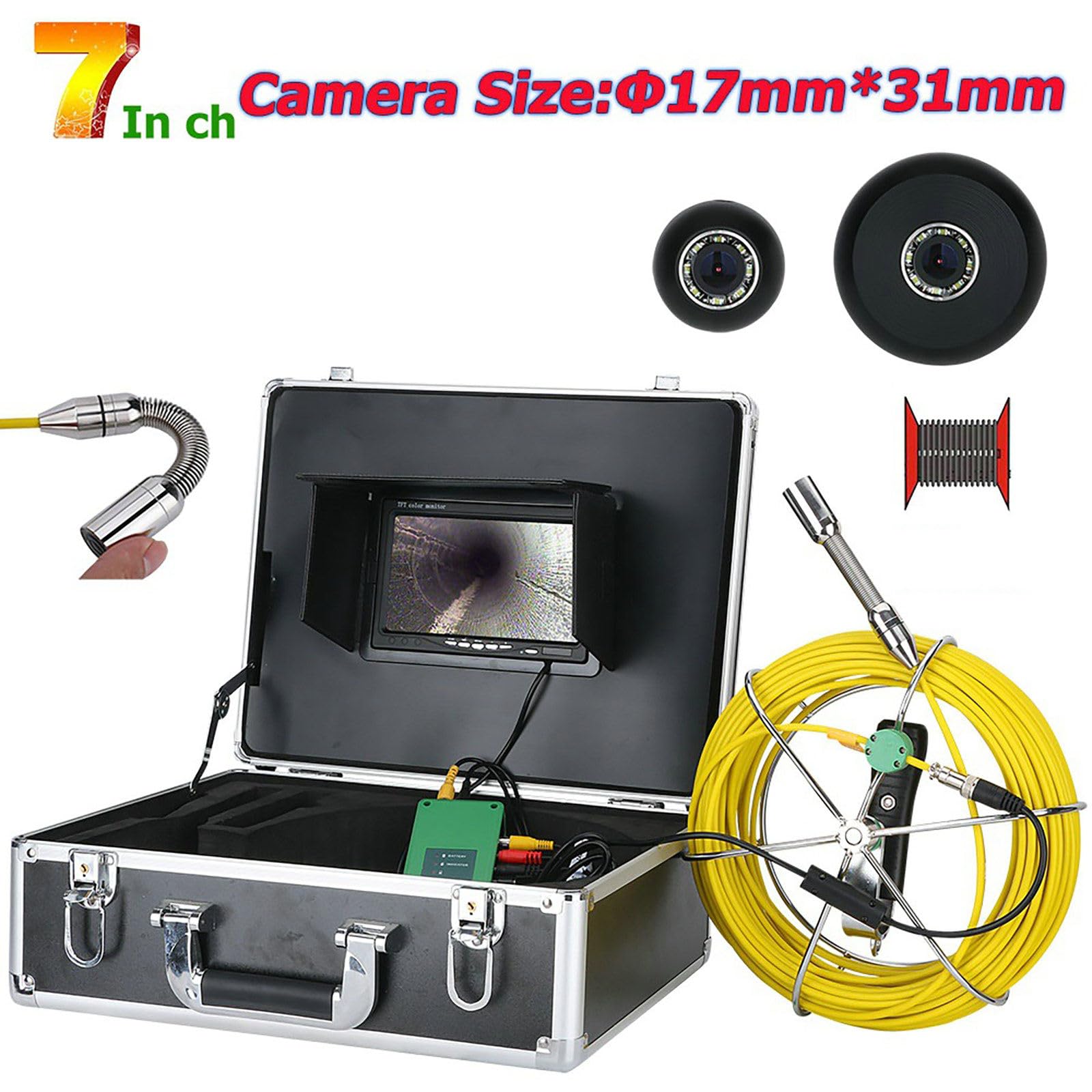 Endoscopio impermeable de visión nocturna 1000TVL con monitor TFT de 7 pulgadas para inspección de alcantarillado, grabación DVR y funda de transporte, cable de 50 m